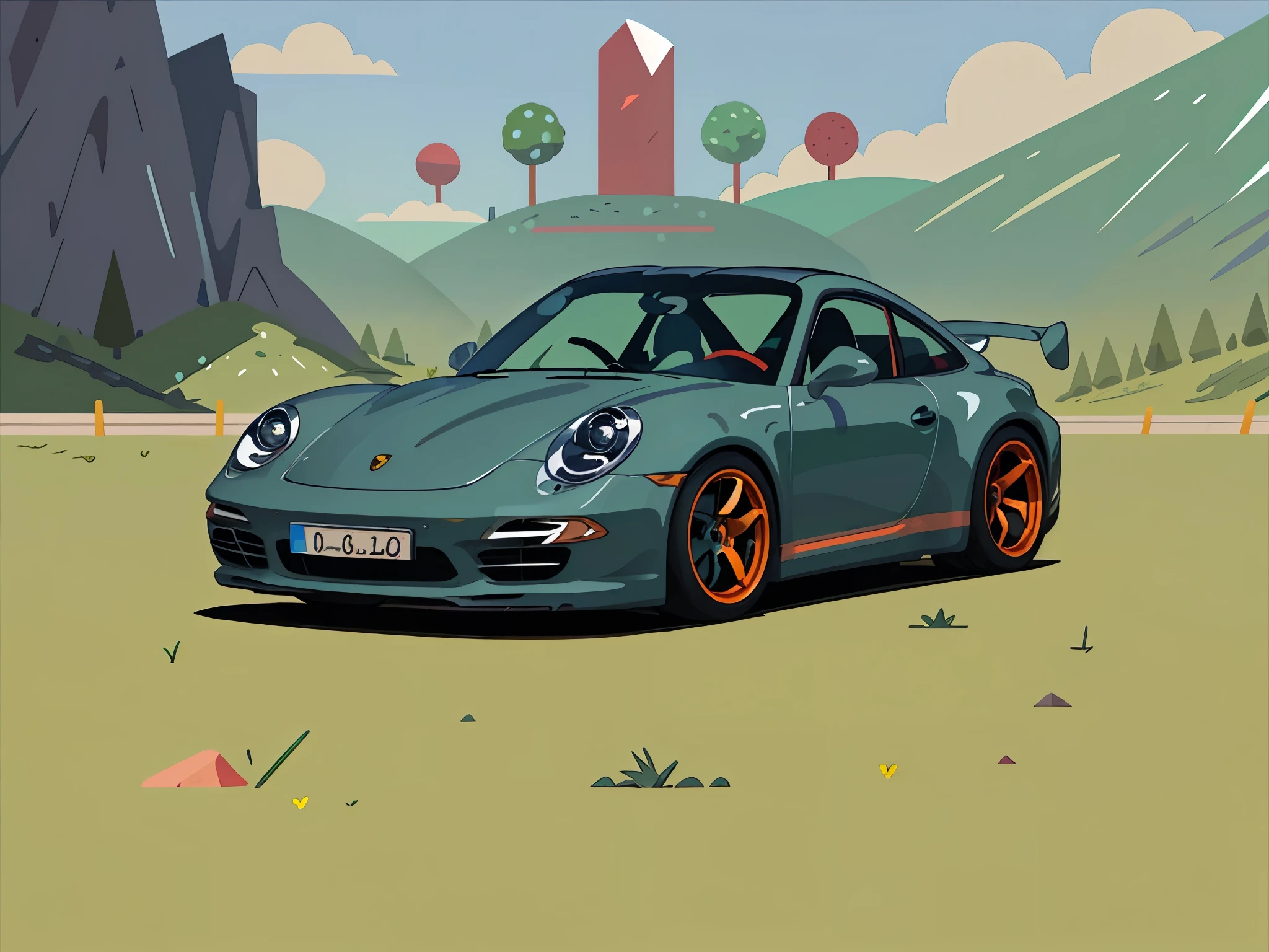 natural landscape, porsche 911 rwb parked, wide bodykit, large wheels, aqichahua,illustration,flat color,Flat style,(Masterpiece),(best quality),landscape,stone,plant,