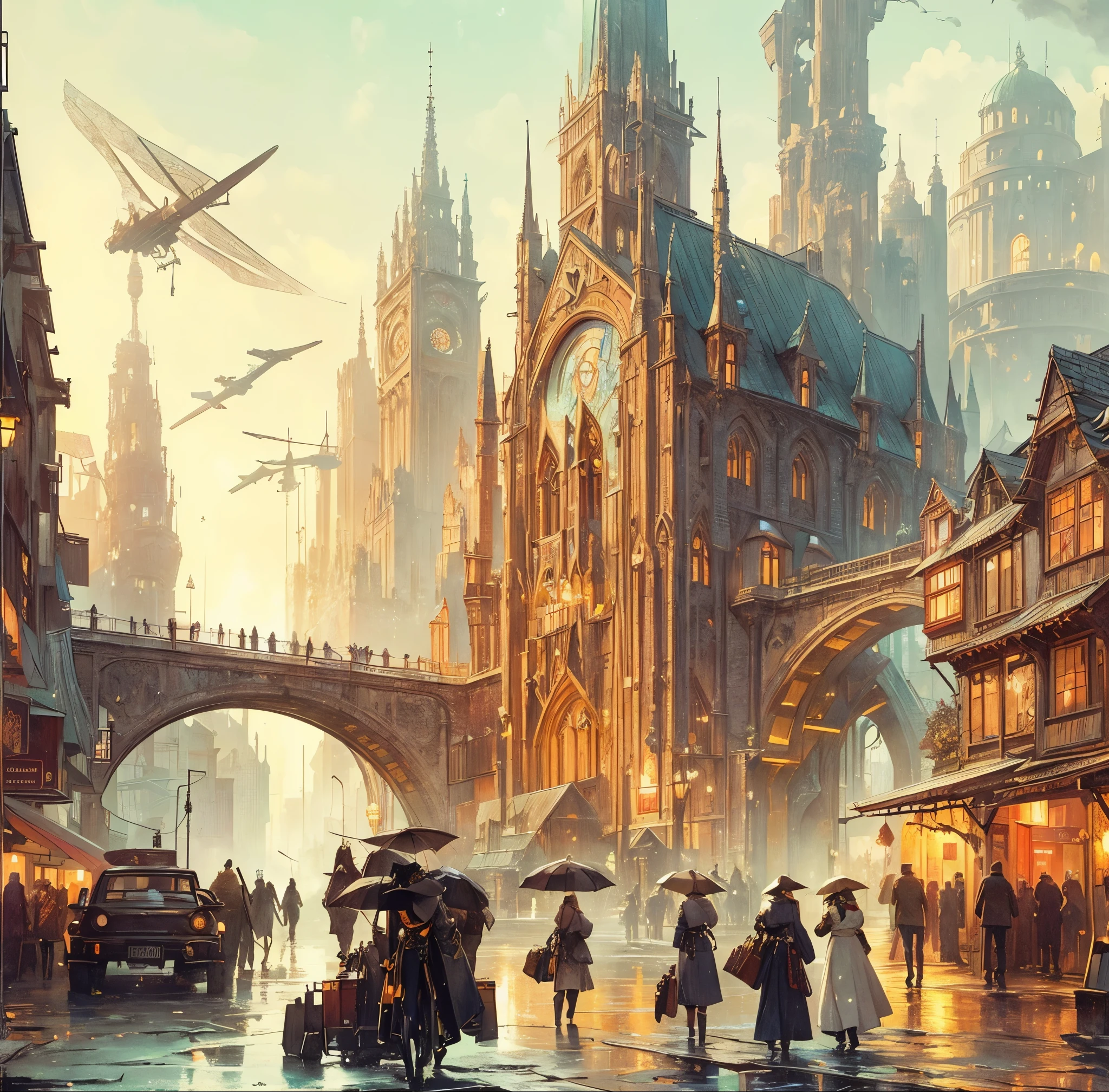 a depiction of life in a much more modern world city, themed sci-fi gothic renaissance cyber steampunk, light and airy as Carl Larsson's compositions, after rain conditions, high detailed, unblurry, realistic, trending on pinterest behance ArtStation