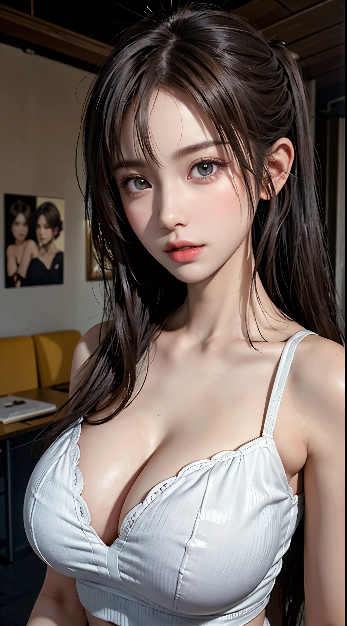 (master paintings),((super detailed)),(High detail CG illustration),(not good at expressing),(best quality:1.2),Realistic 8K Ultra HD,HD,High quality texture,intricate details,Detailed texture,filigree,high detail,Extremely detailed CG,High quality shadows,Realistic reproduction of faces,A delicate, beautiful and delicate face,Delicate, beautiful and delicate eyes,brown pupils,Perfectly proportioned face shape,depth of field,movie lighting,Hello lens、Ray tracing、perspective、20 years old、tall girl、(big eyes:1.2)、blush blush、glossy lips、Perfect body、Slimming、light particles、(thin waist:1.3), ((saggy breasts,Big breasts:1.4)),clearly_image,high resolution,(shiny skin),single focus,(brown hair, High ponytail),(exquisite beautiful eyes and detailed face),(Detailed face),Light source contrast,((Wearing a black and white tube top)), realistic clothing, Wear tight, simple clothes, Realistically rendered clothing, Black, perfectly shaded body, white and black clothes, exposed abdomen, ((upper body, half body shot))