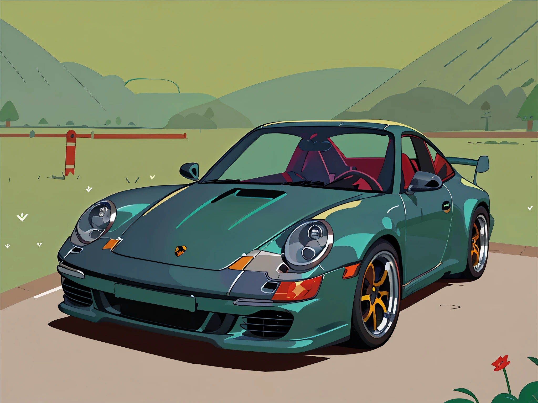 natural landscape, porsche 911 rwb parked, wide bodykit, large wheels, aqichahua,illustration,flat color,Flat style,(Masterpiece),(best quality),landscape,stone,plant,