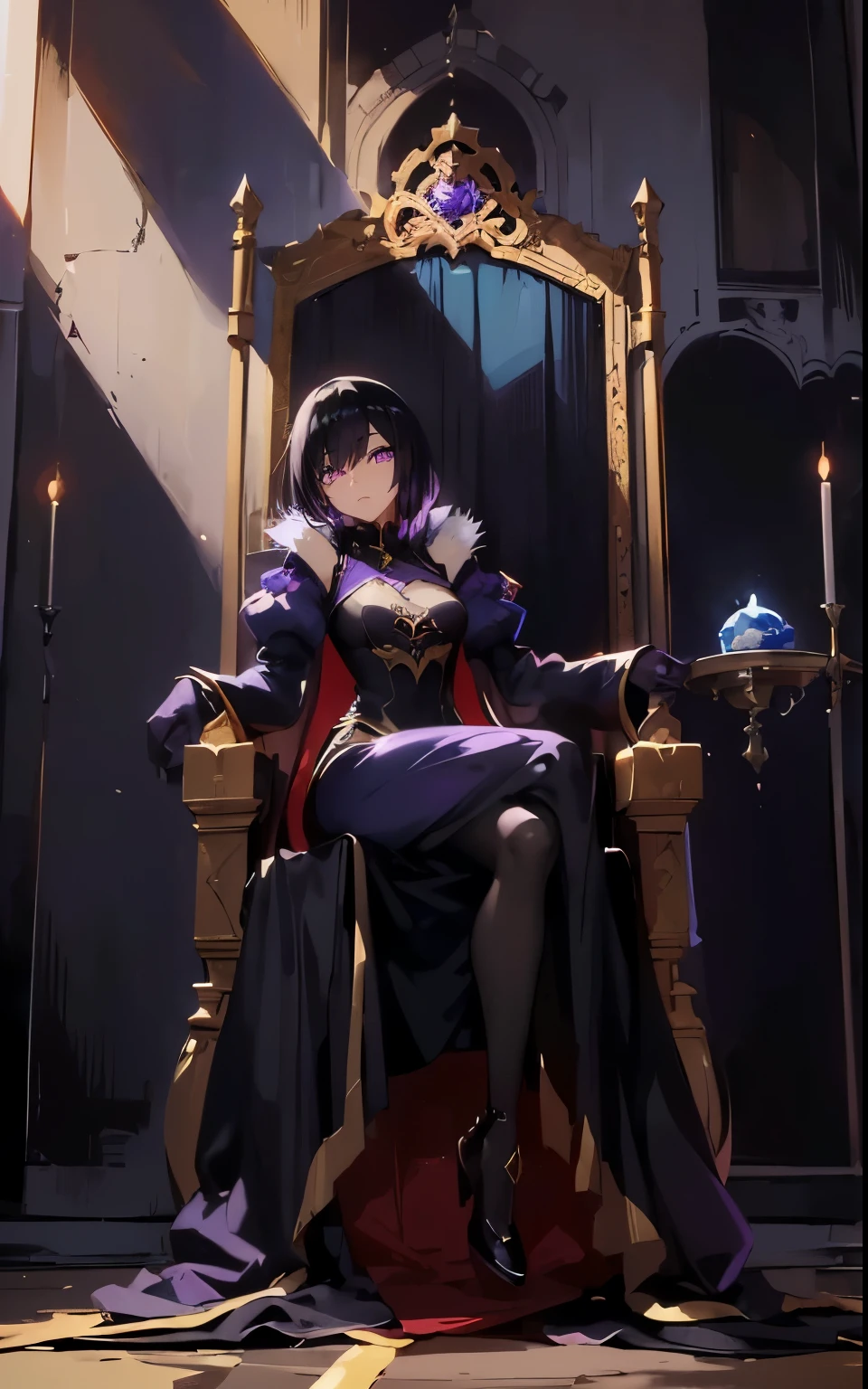 (An illustration of a woman sitting on a shadowy throne, royalty, She is the empress. She is inside a medieval castle, sitting on a throne)), ((She wears a blue dress that belongs to royalty)), female focus, black hair, confident posture, alone. ((best quality)), ((1woman:1.5)), ((light-skinned woman) ((black hair:1.5)) ((1purple eyes:1.5)).((A woman who has a handsome and attractive face))((She has fair skin) ((She has a beautiful and striking face) ((human)). Woman ((detailed eyes)) ( ( detailed face)) anime portrait, anime, handsome anime man, high quality anime art style. ((powerful and confident woman, expression cold) Best quality, high quality, anime man. anime4K style , anime rendering, anime style, 8K, beautiful anime face (1.5 full body screen)), ((empress), ((best quality)),((illustration sitting on a throne as if giving orders)) ((Detailed arms))