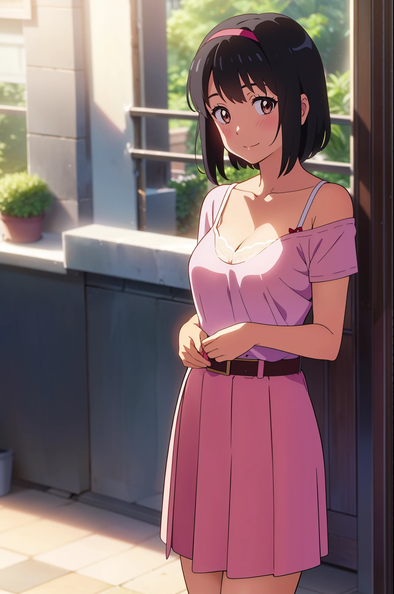 shinkai makoto, kimi no na wa., 1girl, bangs, black hair, blush, bright eyes, brown eyes, red headband, red bow, red ribbon, short hair, smile, cute, beautiful, shiny skin, looking at the viewer, solo, pink shirt, collarbone, Off-the-shoulder, bra strap, long skirt, a belt, short sleeves, breastsout, cowboy shot, standing, outside of house