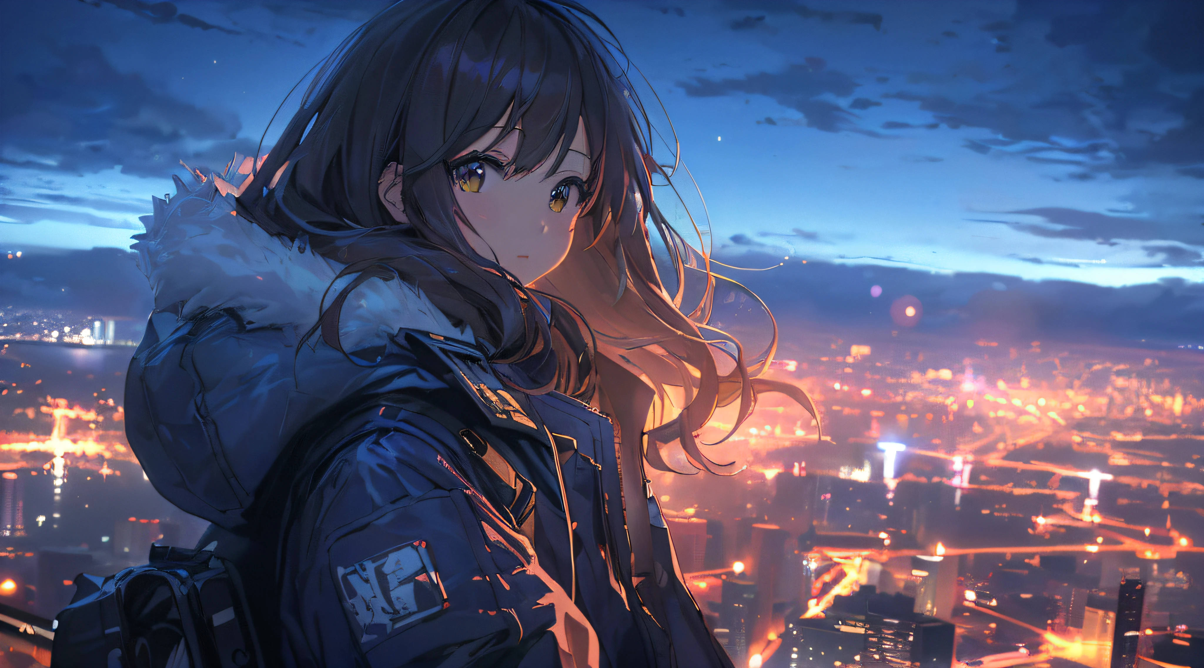 Anime girl looking at the night city, 4k anime wallpaper, anime wallpaper 4k, anime wallpaper 4k, anime style 4k, anime art wallpaper 4k, Anime Art Wallpaper 4k, anime art wallpaper 8k, 4k comic wallpaper, Ultra HD anime wallpaper, Badass anime 8k, HD anime wallpaper, Beautiful anime portrait, Detailed digital animation art