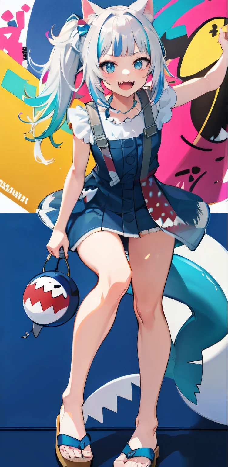 masterpiece, high quality, houshouBikini, highres, absurdres, ultra-detailed, detailed eyes, 8k, ti-emb_kobo-kanaeru, 1girl, colorful eyes, fangs, open mouth, bangs, colorful background, looking at viewer, vibrant, contrast, gradient hair, happy, graffiti wall background, water splash, close up, small breast, 2d, masterpiece, best quality, anime, highly detailed, full body, 1girl, solo, gura_neko, blue dress, cat ears, side ponytail, cube hair ornament, sandals, :d, sharp teeth, shark tail, shoulder bag, shore town