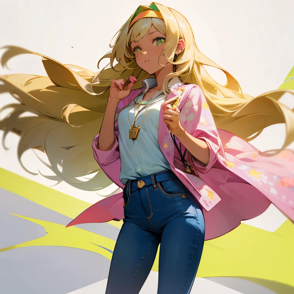 one Female High school student named Emily,Fair skin color,Long haircut,Golden hair,Bright green eyes,with Floral hairband in head,wearing Pink floral blouse,wearing Light blue jeans,holding/carrying Silver locket.