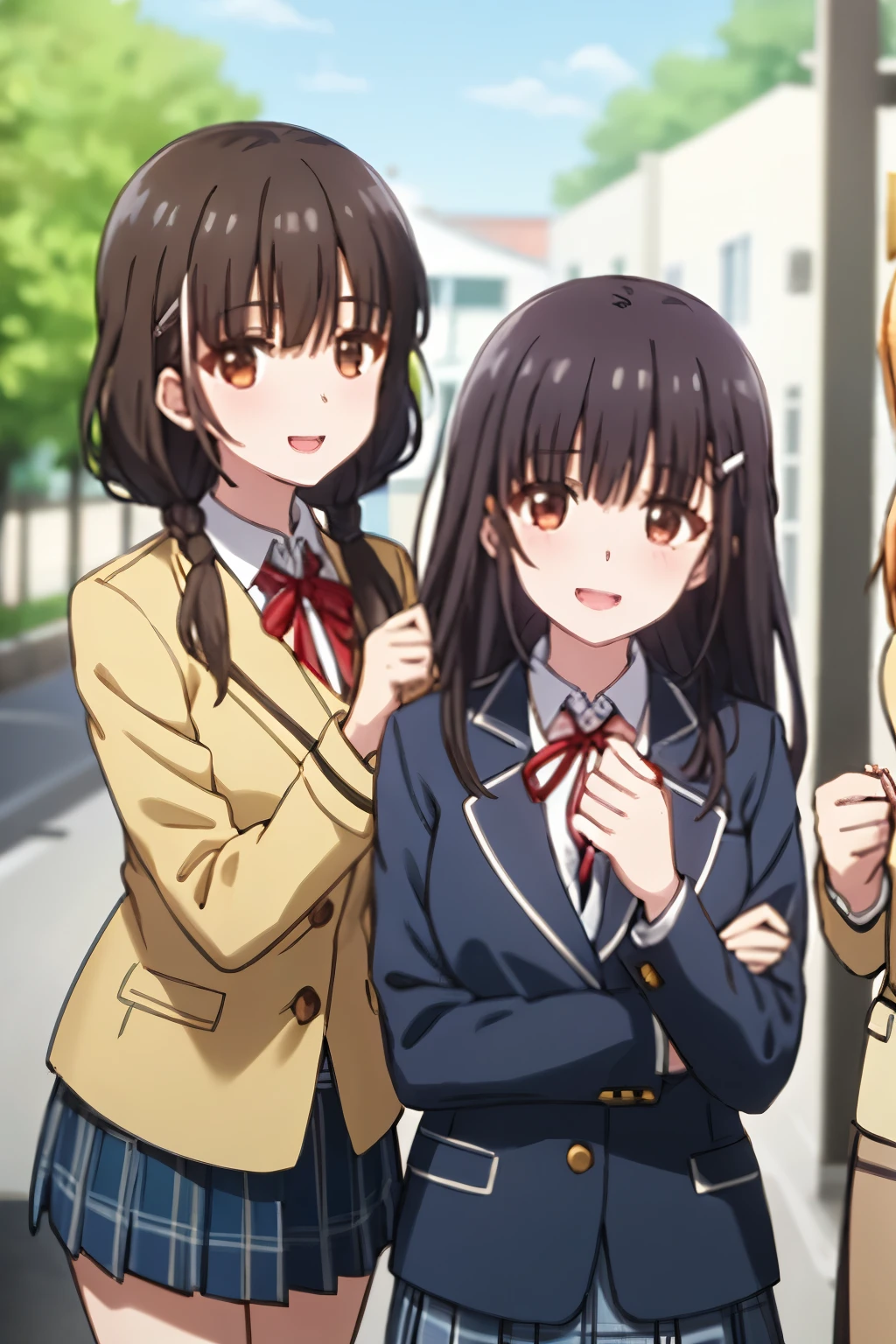 highest quality, (masterpiece:1.2), very detailed, pure white background, 3 girls, irido yume, looking at the viewer, open your mouth, nice smile, brown eyes, dark brown hair, All have long braids, big hair clip, school uniform, dark blue plaid skirt, middle long skirt, white shirt, blue jacket, Golden coat of arms, big red ribbon on the chest, lipstick、very shiny hair、laughter、bright look、My eyes are shining、the light is shining on your face and hair, There&#39;s a lot of light in my eyes, The corners of the eyes are drooping, trying to embrace the viewer