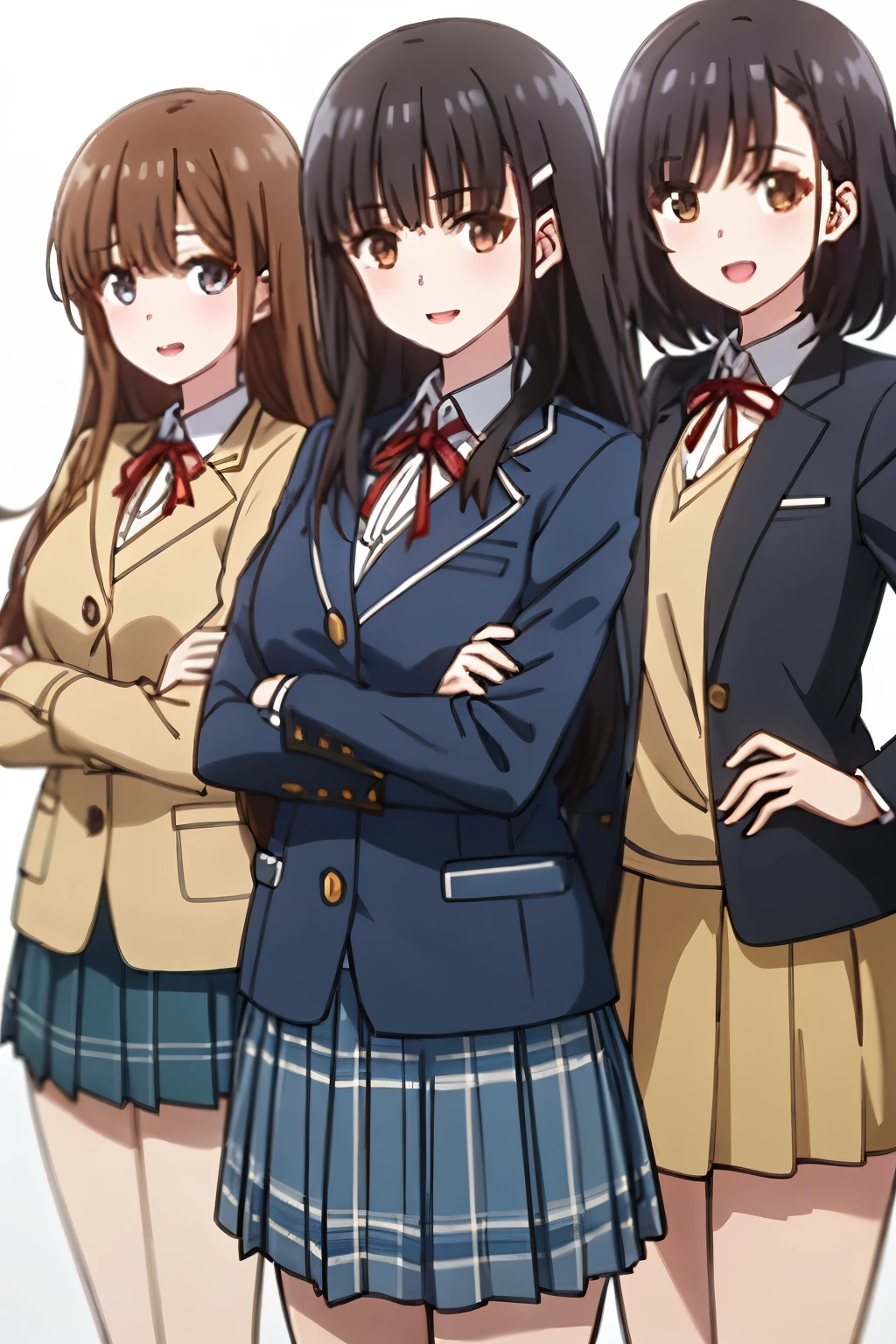 highest quality, (masterpiece:1.2), very detailed, pure white background, 3 girls, irido yume, looking at the viewer, open your mouth, nice smile, brown eyes, dark brown hair, All have long braids, big hair clip, school uniform, dark blue plaid skirt, middle long skirt, white shirt, blue jacket, Golden coat of arms, big red ribbon on the chest, lipstick、very shiny hair、laughter、bright look、My eyes are shining、the light is shining on your face and hair, There&#39;s a lot of light in my eyes, The corners of the eyes are drooping, trying to embrace the viewer