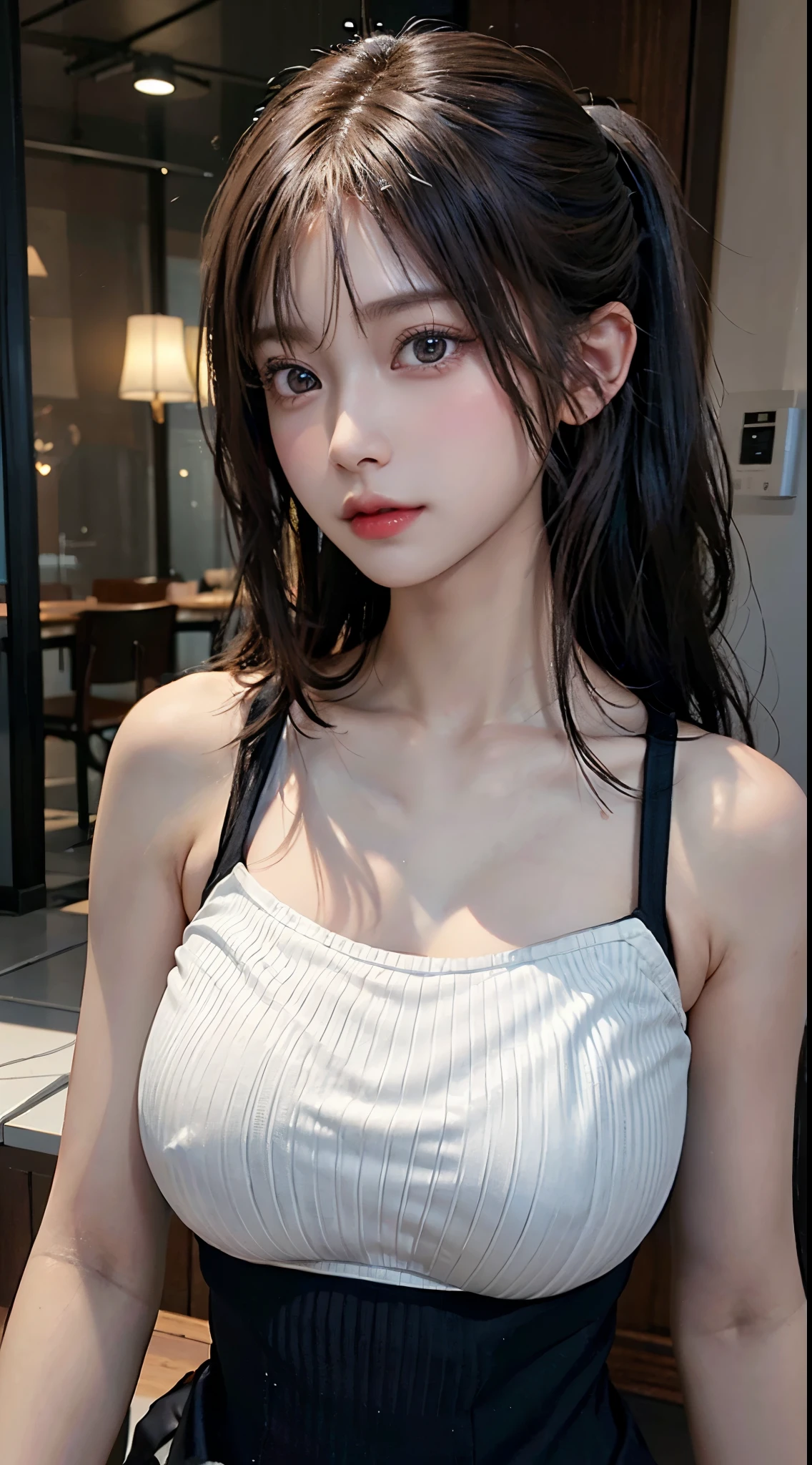 (master paintings),((super detailed)),(High detail CG illustration),(not good at expressing),(best quality:1.2),Realistic 8K Ultra HD,HD,High quality texture,intricate details,Detailed texture,filigree,high detail,Extremely detailed CG,High quality shadows,Realistic reproduction of faces,A delicate, beautiful and delicate face,Delicate, beautiful and delicate eyes,brown pupils,Perfectly proportioned face shape,depth of field,movie lighting,Hello lens、Ray tracing、perspective、20 years old、tall girl、(big eyes:1.2)、blush blush、glossy lips、Perfect body、Slimming、light particles、(thin waist:1.3), ((saggy breasts,Big breasts:1.4)),clearly_image,high resolution,(shiny skin),single focus,(brown hair, High ponytail),(exquisite beautiful eyes and detailed face),(Detailed face),Light source contrast,((Wearing a black and white tube top)), realistic clothing, Wear tight, simple clothes, Realistically rendered clothing, Black, perfectly shaded body, white and black clothes, exposed abdomen, ((upper body, half body shot))