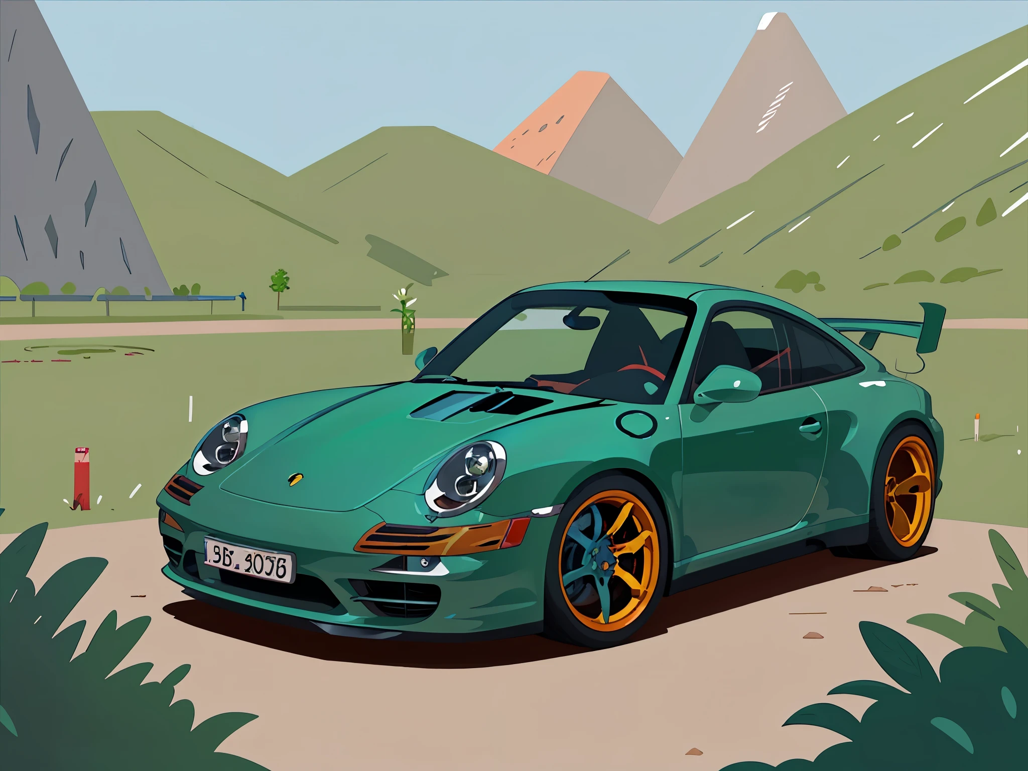 natural landscape, porsche 911 rwb parked, wide bodykit, large wheels, aqichahua,illustration,flat color,Flat style,(Masterpiece),(best quality),landscape,stone,plant,