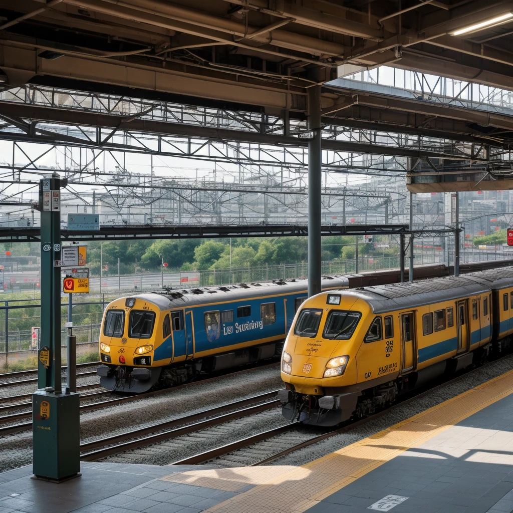 a busy train station, bustling with passengers and activity, vibrant and lively atmosphere, people rushing to catch their trains, crowded platforms, luggage and suitcases being wheeled around, ticket booths and turnstiles, announcement boards displaying train schedules, tracks stretching into the distance, colorful trains arriving and departing, overhead wires and signals, steam rising from the locomotives, train conductors in their distinctive uniforms, passengers waving goodbye or reuniting with loved ones, the sound of train horns and wheels screeching, painted murals and artwork depicting trains and travel, the smell of diesel fuel and train station food, bright and inviting signage, signs indicating different destinations, a feeling of anticipation and adventure, a mix of modern and historic architecture, natural light streaming through large windows, reflections on polished floors, a sense of movement and motion, the clicking sound of heels on the platform, a sense of excitement and possibility, a central clock showing departure times, vendors selling snacks and drinks, travelers from all walks of life, the sound of suitcases rolling on the floor, the hustle and bustle of train arrivals and departures, an iconic landmark in the city, a hub of transportation and connection, the rhythmic sound of trains passing by. (best quality, highres), (realistic), (photography, concept artists), (vivid colors), (studio lighting), (landscape), (warm tones), (dynamic lighting)