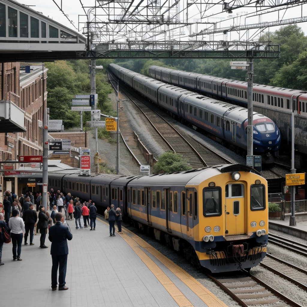 a busy train station, bustling with passengers and activity, vibrant and lively atmosphere, people rushing to catch their trains, crowded platforms, luggage and suitcases being wheeled around, ticket booths and turnstiles, announcement boards displaying train schedules, tracks stretching into the distance, colorful trains arriving and departing, overhead wires and signals, steam rising from the locomotives, train conductors in their distinctive uniforms, passengers waving goodbye or reuniting with loved ones, the sound of train horns and wheels screeching, painted murals and artwork depicting trains and travel, the smell of diesel fuel and train station food, bright and inviting signage, signs indicating different destinations, a feeling of anticipation and adventure, a mix of modern and historic architecture, natural light streaming through large windows, reflections on polished floors, a sense of movement and motion, the clicking sound of heels on the platform, a sense of excitement and possibility, a central clock showing departure times, vendors selling snacks and drinks, travelers from all walks of life, the sound of suitcases rolling on the floor, the hustle and bustle of train arrivals and departures, an iconic landmark in the city, a hub of transportation and connection, the rhythmic sound of trains passing by. (best quality, highres), (realistic), (photography, concept artists), (vivid colors), (studio lighting), (landscape), (warm tones), (dynamic lighting)