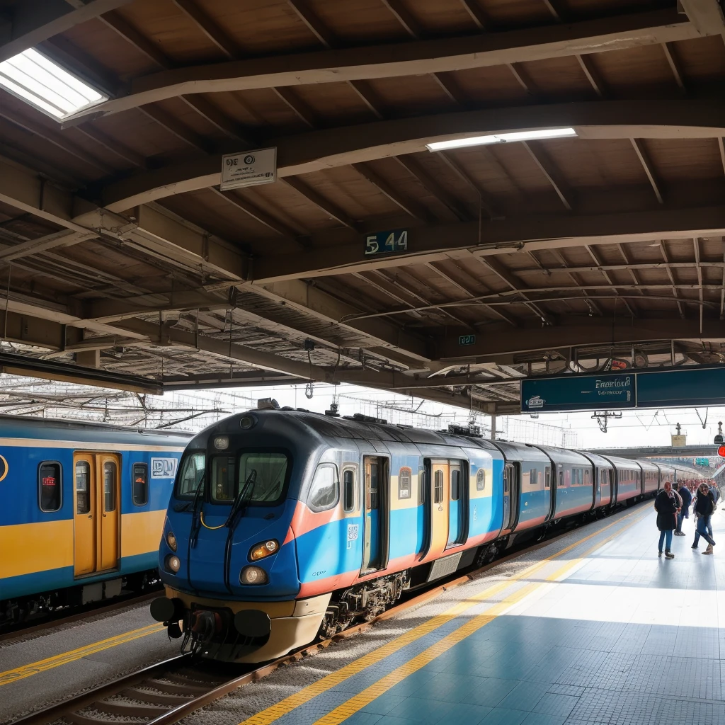 a busy train station, bustling with passengers and activity, vibrant and lively atmosphere, people rushing to catch their trains, crowded platforms, luggage and suitcases being wheeled around, ticket booths and turnstiles, announcement boards displaying train schedules, tracks stretching into the distance, colorful trains arriving and departing, overhead wires and signals, steam rising from the locomotives, train conductors in their distinctive uniforms, passengers waving goodbye or reuniting with loved ones, the sound of train horns and wheels screeching, painted murals and artwork depicting trains and travel, the smell of diesel fuel and train station food, bright and inviting signage, signs indicating different destinations, a feeling of anticipation and adventure, a mix of modern and historic architecture, natural light streaming through large windows, reflections on polished floors, a sense of movement and motion, the clicking sound of heels on the platform, a sense of excitement and possibility, a central clock showing departure times, vendors selling snacks and drinks, travelers from all walks of life, the sound of suitcases rolling on the floor, the hustle and bustle of train arrivals and departures, an iconic landmark in the city, a hub of transportation and connection, the rhythmic sound of trains passing by. (best quality, highres), (realistic), (photography, concept artists), (vivid colors), (studio lighting), (landscape), (warm tones), (dynamic lighting)