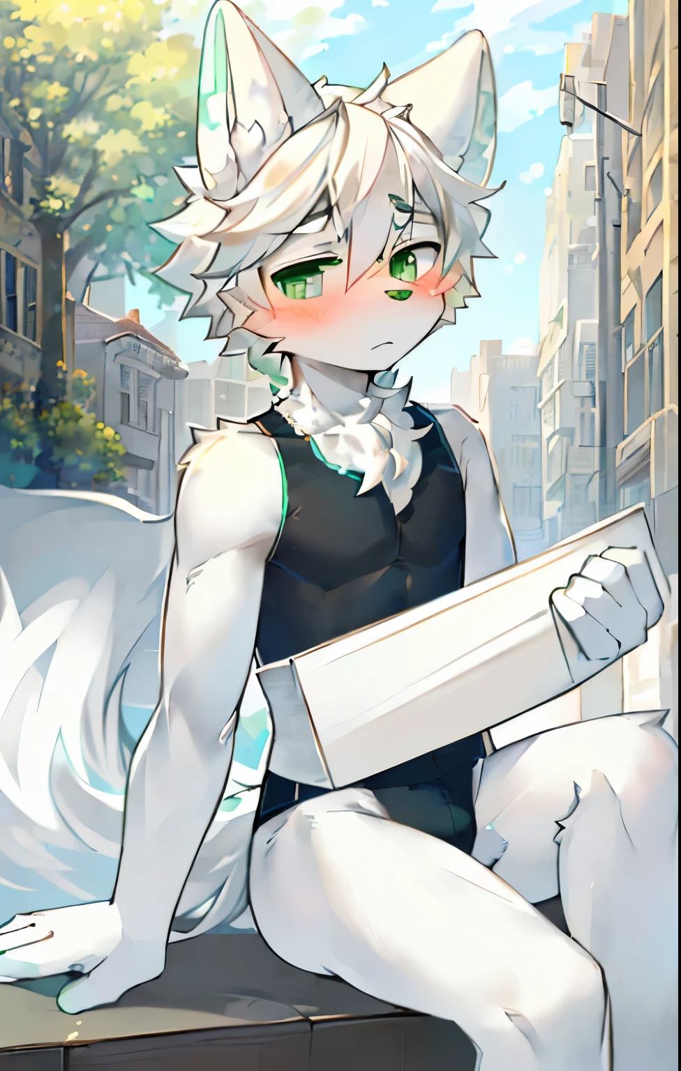 gray wolf，(hairy all over, furry tail, white fur, blue-green eyes, big ears，light white hair:1.2), (small canine、tight sportswear：1.2），Handsome，Lovely，duck sitting，The picture is very delicate，Holding a sign in hand，Highest quality，Delicate painting style，exquisite lines，Delicate skin，blush，Slim stature，street