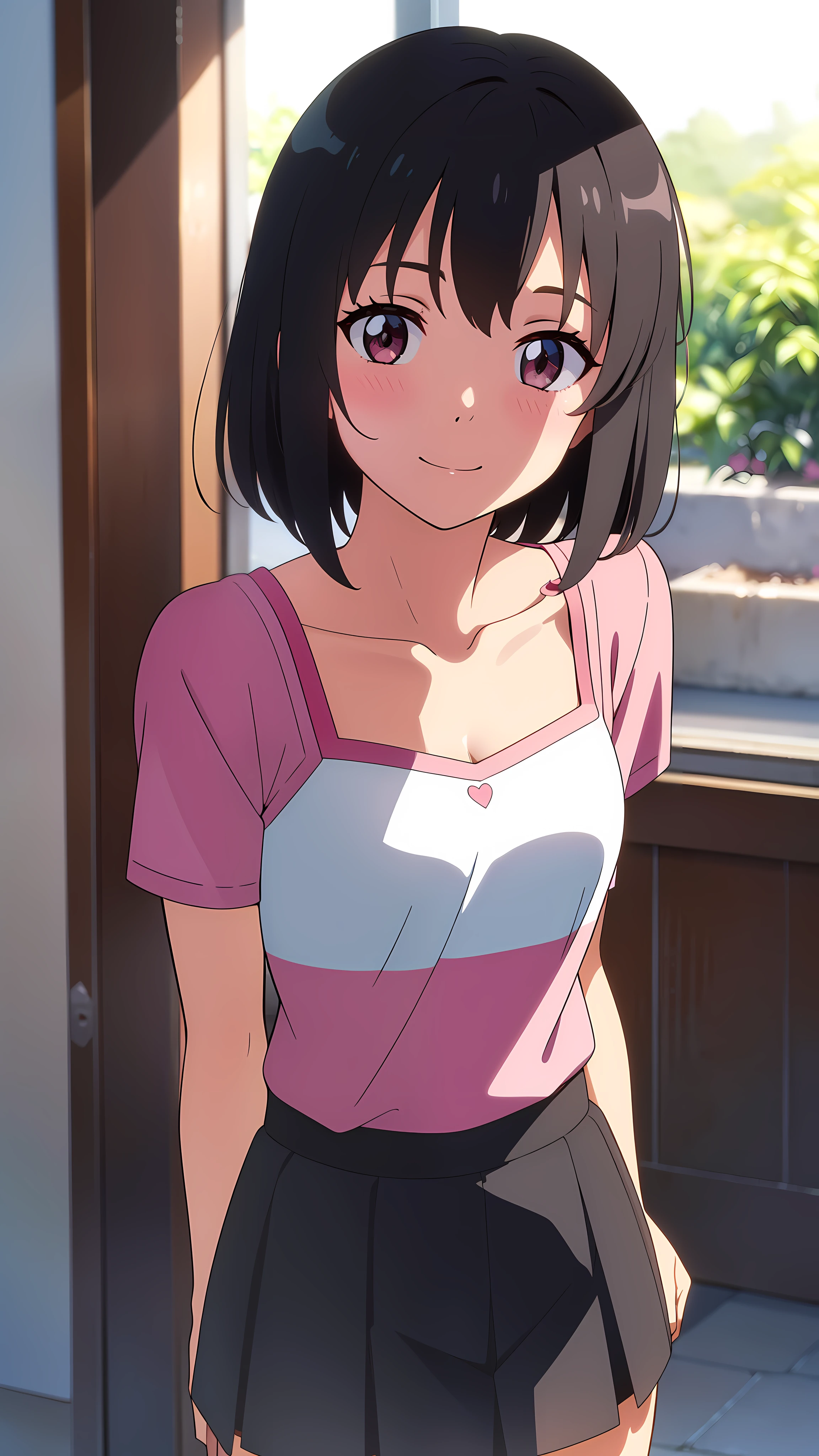 shinkai makoto, kimi no na wa., 1girl, bangs, black hair, blush, bright eyes, brown eyes, red headband, red bow, red ribbon, short hair, smile, cute, beautiful, shiny skin, looking at the viewer, solo, pink shirt, collarbone, Off-the-shoulder, bra strap, short skirt, short sleeves, breastsout, cowboy shot, standing, outside of house, upper body