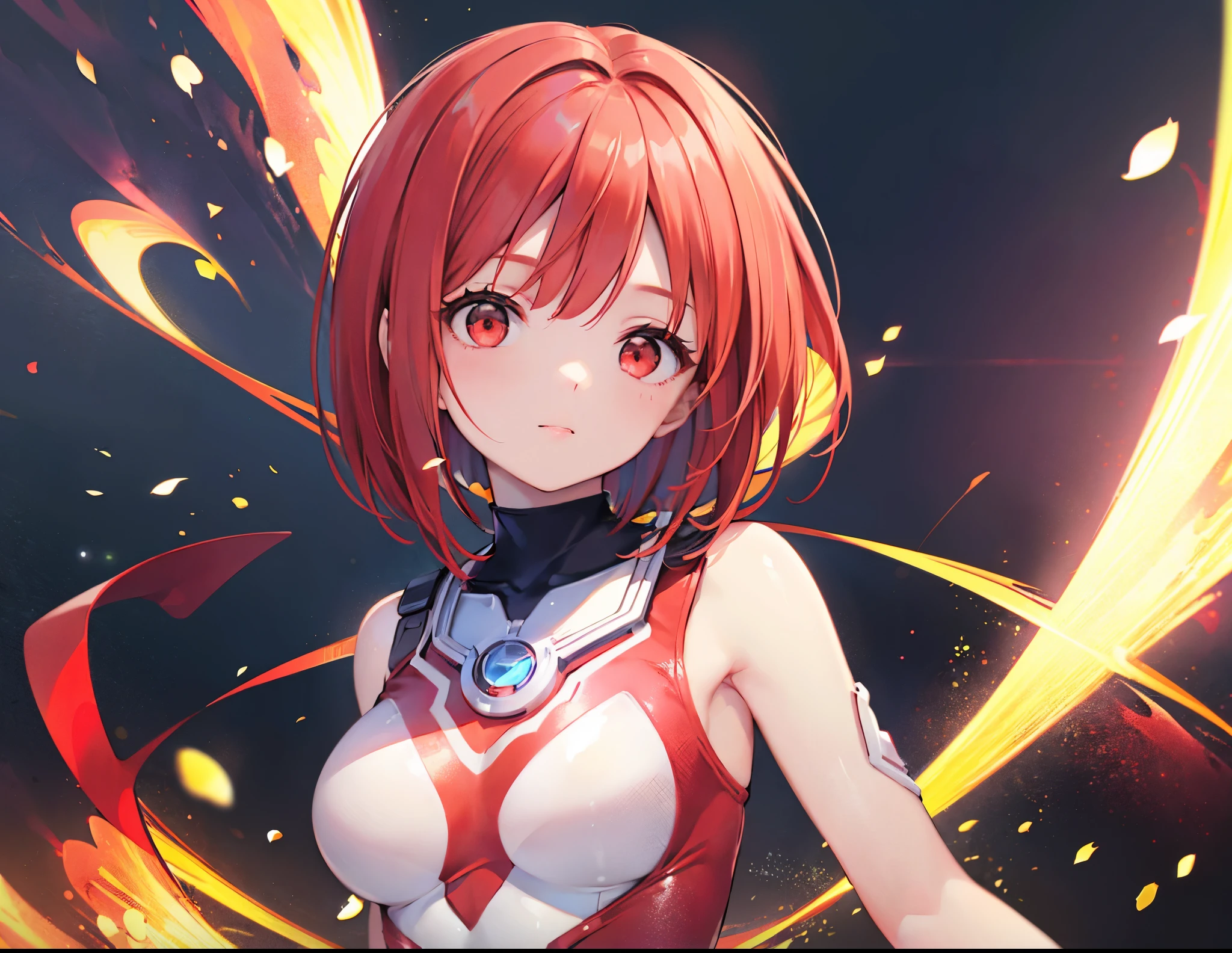 Close-up,highest quality, ultra detail, High quality CG drawing, The most delicate and beautiful, Floating gently, High resolution, (1 girl), (Highest image quality,4K,8K,masterpiece:1.2),(all red hair:1.5),(short bob:1.5),bangs bangs,(red eyes:1.5), (Ultra GP :1.0), red ultraman bodysuit ,slightly bigger breasts,red gloves,