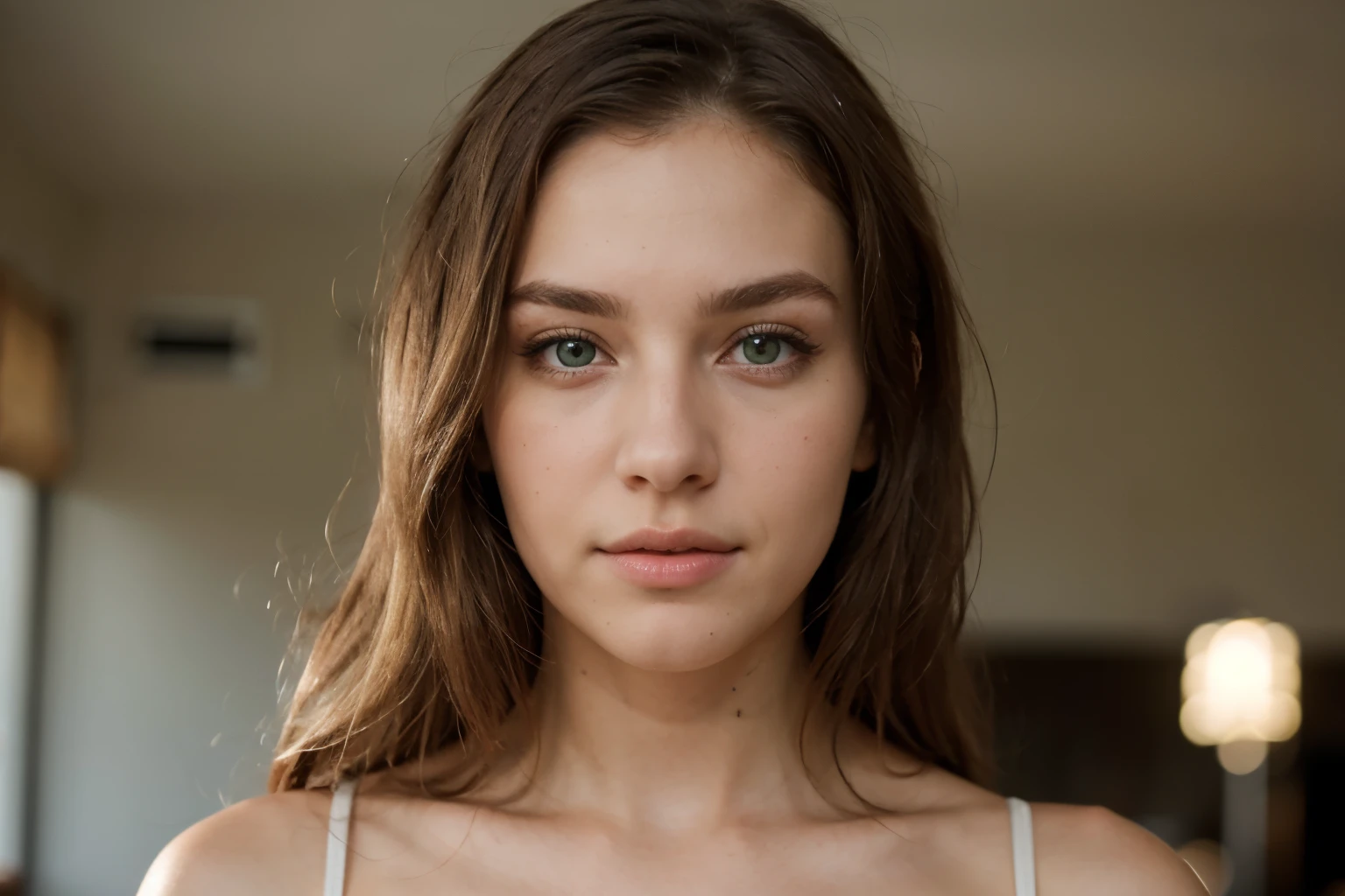 A front view portrait of a beautiful young 24 year old blonde model with green eyes, high quality.