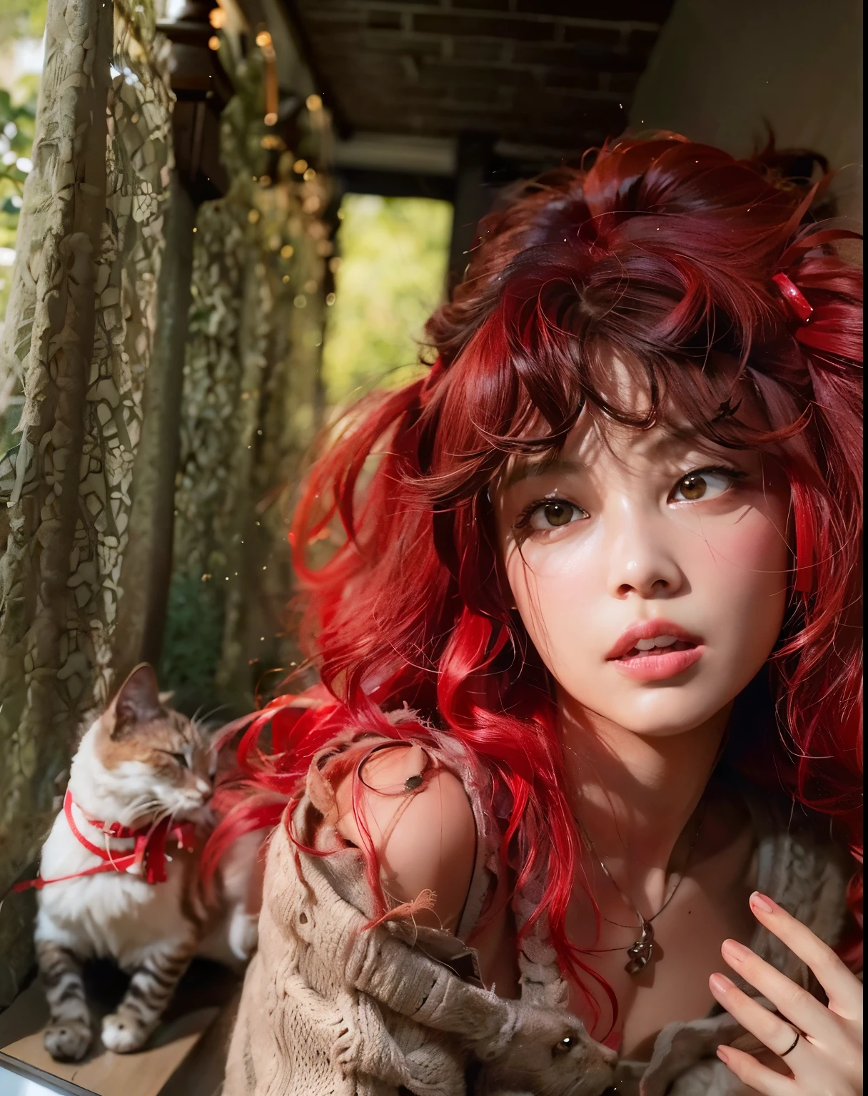 there is a woman com cabelo ruivo and a cat sitting on a window sill, with cabelos ruivos encaracolados, cabelo ruivo cacheado, cabelos ruivos encaracolados, peruca vermelha, cabelo ruivo cacheado, com cabelo ruivo, cabelo ruivo selvagem, cabelo tingido de vermelho, cabelo ruivo carmesim e olhos vermelhos, messy square vibrant red hair, com longos cabelos ruivos, cabelo ruivo ondulado e vibrante, cabelo ruivo carmesim