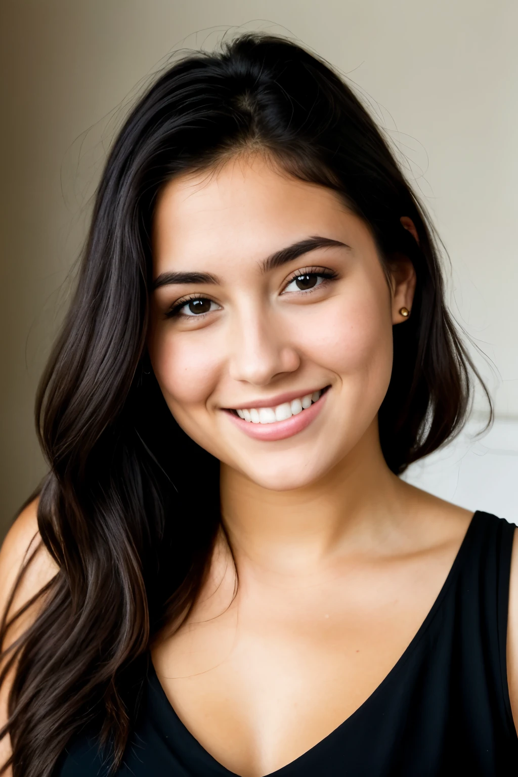 original photo, 26 year old beautiful face portrait photo.oh,woman, cute face, huge ,Wearing a black dress, smiley face, Hard shadows, lens, dramatic lighting