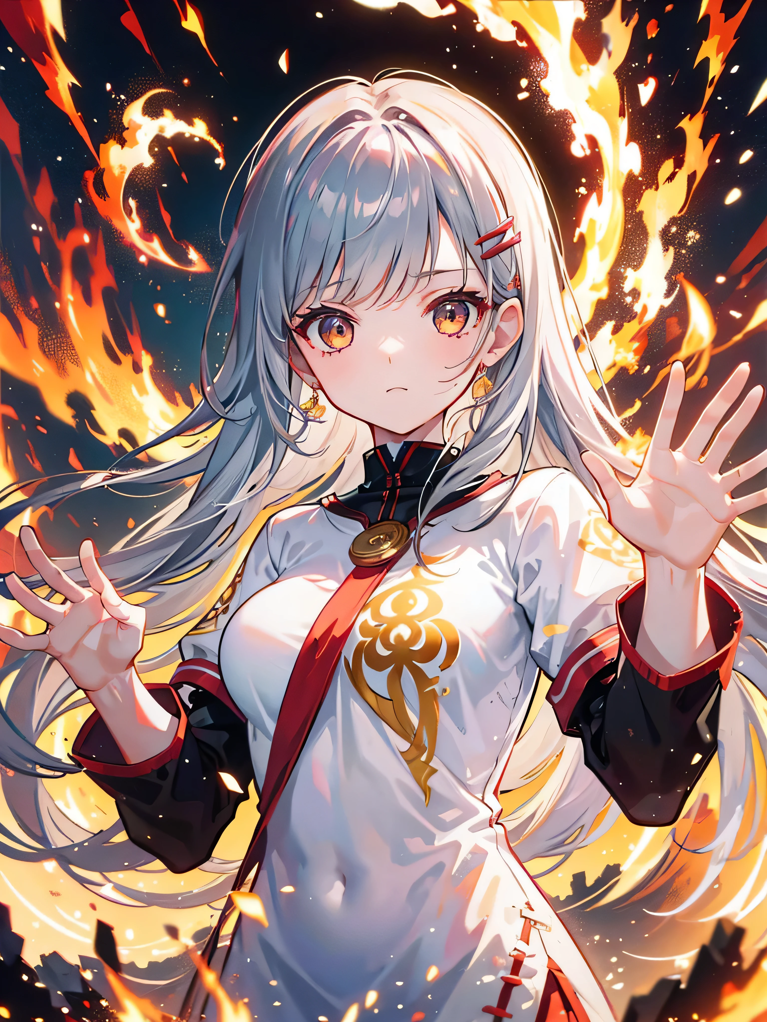 Masterpiece, 8K, best quality, ultra detail, ultra resolution, ultra sharp, colorful, 1girl, young girl, medium breast, long hair, grey hair, hair clip, bright gold eyes, white T - shirt only, sexy girl, pretty face, focus at her face, hands praying pose, flame surrounding girl, fire, shrine background, red aura, seriously ekspresion, fire arrow, focus face