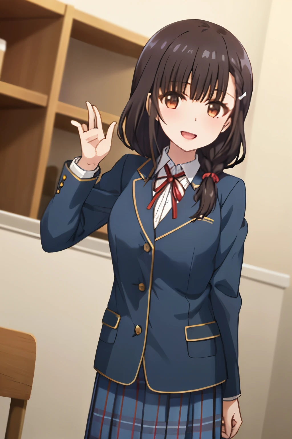 highest quality, (masterpiece:1.2), very detailed, pure white background, 1 girl, irido yume, looking at the viewer, open your mouth, nice smile, brown shiny eyes, dark hair, Very long braid, big hair clip, school uniform, dark blue plaid skirt, middle long skirt, white shirt, blue jacket, Golden coat of arms, big red ribbon on the chest, lipstick、very shiny hair、laughter、bright look、My eyes are shining、The light is shining on your face and hair, There&#39;s a lot of light in my eyes, The corners of the eyes are drooping, trying to embrace the viewer