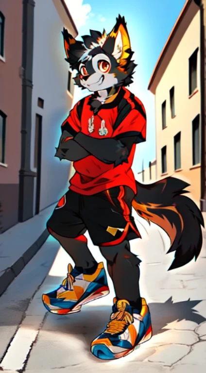 1chico, joven,lobo,peludo,(peludo),esponjoso,ojos azules,pelaje amarillo,(((sueter  corto))),grandetalle,obre maestra,sonriendo al espectador, en la calle,zapatos de deporte,shorts largos s,cola de lobo amarilla,