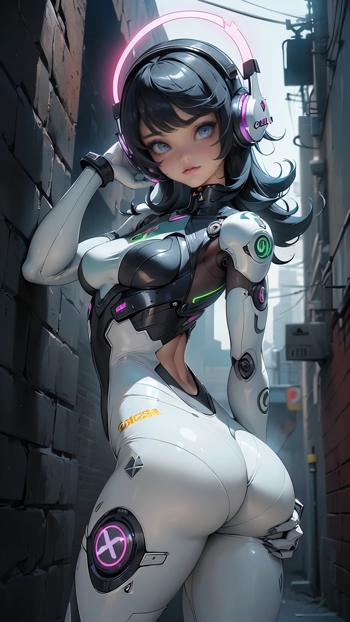 (La mejor calidad,A high resolution,Ultra - detallado,actual),Ariana Grande cyborg ciberpunk 、nalgas grandes、arrodillarse、Electronic visor attached to the face of a -yeld giwith emphasis on the buttocks、Red latex body...,modo ciberpunk、pose sexy、(minifalda blanca pisoteando cyborg :1.4), (Usar polainas amarillas en la parte inferior del cuerpo、Agrandamiento de los senos、Neon lights in the dark city at night...,motor irreal:1.4,hd,La mejor calidad:1.4, fotorrealista:1.4, textura de la piel:1.4, obra maestra:1.8,obra maestra, mejor calidad,(Beautiful and detailed description of the eye...),( neon blue cyborg),(perfect anatomy),(dedos detailed :1.4 ),white cyborg latex bodysuit,,( perfect anatomy 2.1), (estilo ciborg kawaii plateado metalizado :1.4), (background alley walls big stones :1.4), (Solo), (ciborg de batalla white :1.6), (Year 2050), (Bluetooth headphones :1.4)