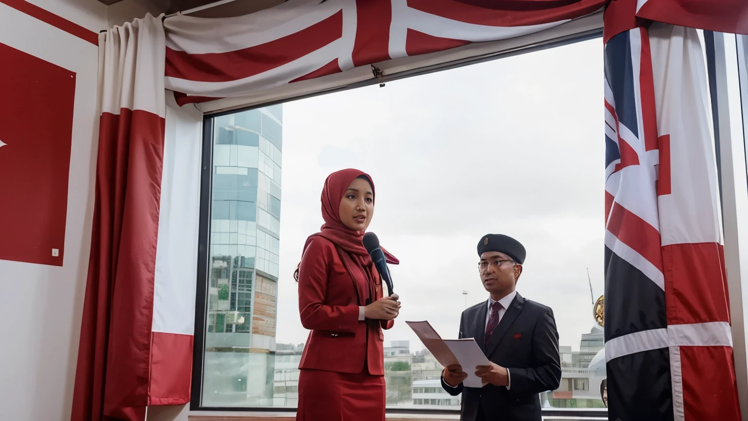 make a realistic ambassador hijab girl in london giving speech with Indonesia embessy, Indonesia flag, and uk flag in the background