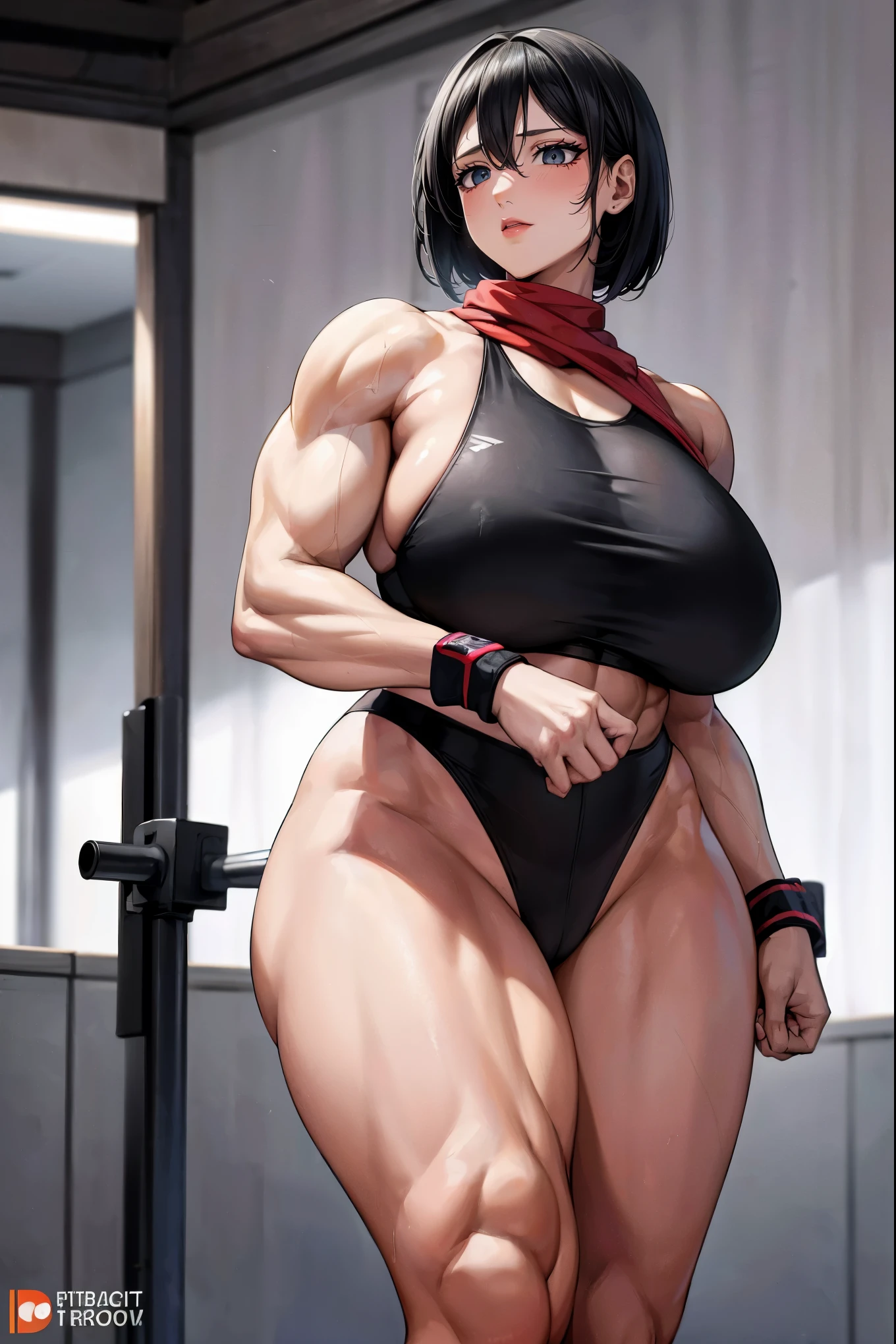 Simple White Background,black bikini,belt, belt buckle, Red scarf around her neck, black eyes, black hair, Short_hair,Hair between eyes, 1 girl, 20yo,Young female,Beautiful Finger,Beautiful long legs,Beautiful body,Beautiful Nose,Beautiful character design, perfect eyes, perfect face,expressive eyes,perfect balance, looking at viewer,(Focus on her face),closed mouth, (innocent_big_eyes:1.0),Light_Smile, official art,extremely detailed CG unity 8k wallpaper, perfect lighting,Colorful, Bright_Front_face_Lighting,shiny skin, (masterpiece:1.0),(best_quality:1.0), ultra high res,4K,ultra-detailed, photography, 8K, HDR, highres, absurdres:1.2, Kodak portra 400, film grain, blurry background, bokeh:1.2, lens flare, (vibrant_color:1.2),professional photograph, (Beautiful,large_Breasts:1.4), (beautiful_face:1.5),(narrow_waist),(beefy, muscular, female, bodybuilder), (best quality, 4k, highres, HDR, professional), (vivid colors, sharp focus), (studio lighting,physically-based rendering), (portrait, fitness, strength), (exquisite details), (intense, determined expression), (long dark hair, sculpted arms), (flexing biceps, toned abs), (sweat dripping, glistening skin), (posing on a gym floor), (background blurred), (strong and confident posture), (athletic leggings, sports bra), (weightlifting belt), (gym equipment in the background), (tattoos on arms), (sweatbands on wrists), (spotlight highlighting muscles), (striking physique), (dynamic lighting and shadows), (impressive muscle definition), (energy and power), (grit and determination), (bodybuilding competition setting), (admiring crowd in the background), (focused and intense workout), (muscle pump and vascularity), (natural lighting), (commanding presence), (extraordinary strength and confidence), (competition-grade muscle tone), (explosive energy), (maximum muscle density and size), (female empowerment), (awe-inspiring physique), (body positivity), (inspiration and motivation).