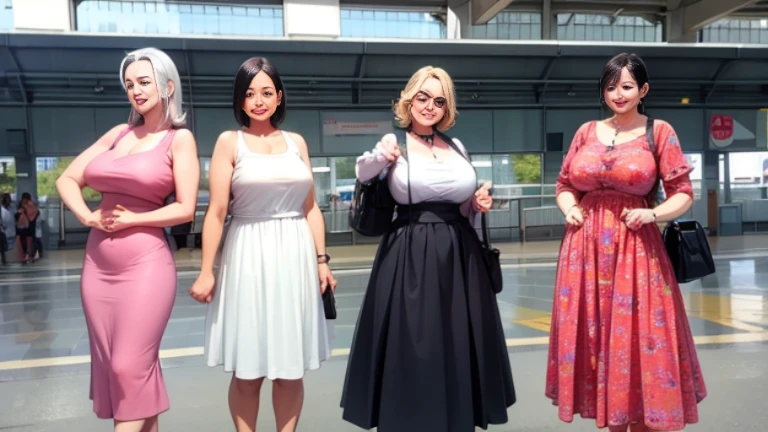 100 busty mature women wearing resort dresses in train station