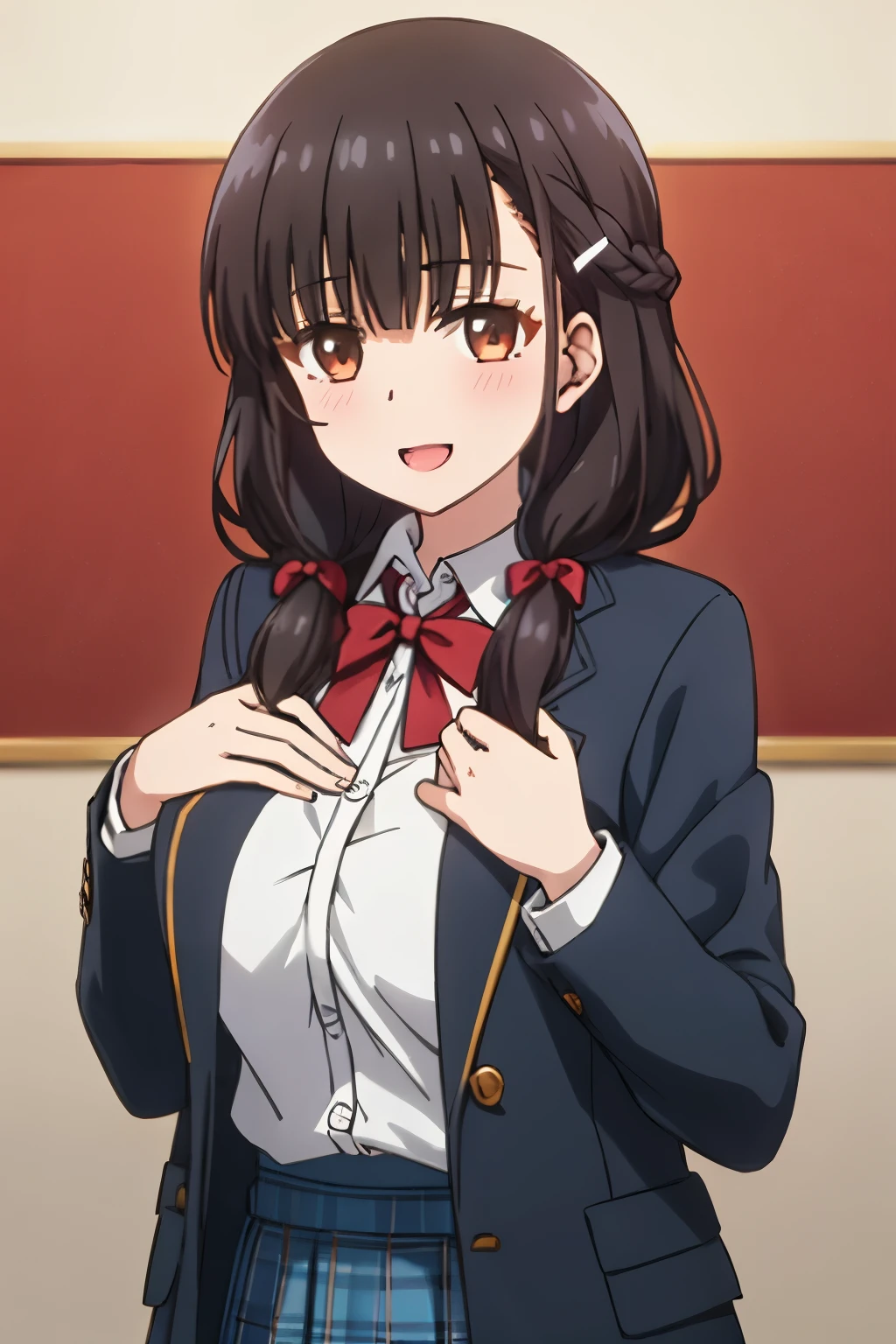 highest quality, (masterpiece:1.2), very detailed, pure white background, 1 girl, irido yume, looking at the viewer, open your mouth, nice smile, brown shiny eyes, dark hair, Very long braid, big hair clip, school uniform, dark blue plaid skirt, middle long skirt, white shirt, blue jacket, Golden coat of arms, big red ribbon on the chest, lipstick、very shiny hair、laughter、bright look、My eyes are shining、The light is shining on your face and hair, There&#39;s a lot of light in my eyes, The corners of the eyes are drooping, trying to embrace the viewer