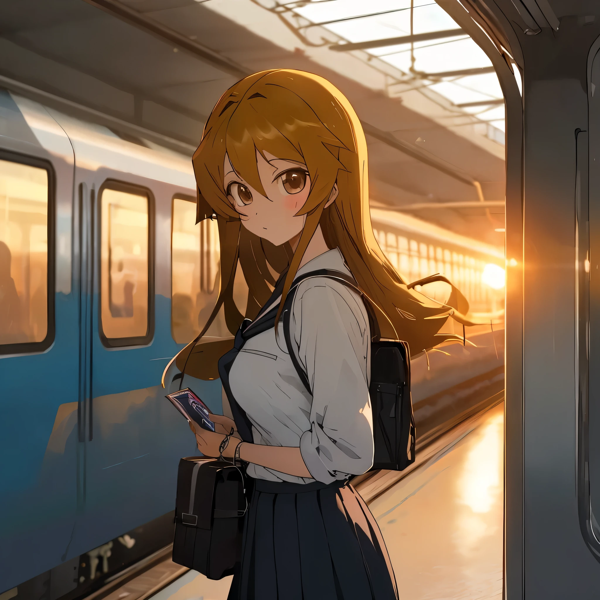 （masterpiece、Super exquisite、high resolution），（tarot cards、Yu-Gi-Oh cards），（romantic、Innocent、𝓡𝓸𝓶𝓪𝓷𝓽𝓲𝓬、adventure、Bold、Travel Elements），1 ***********，Wait for the train，School uniforms, Long curly hair, lace，背景TRAIN STATION，（TRAIN STATION：1.5、sunset、Residual Yang）