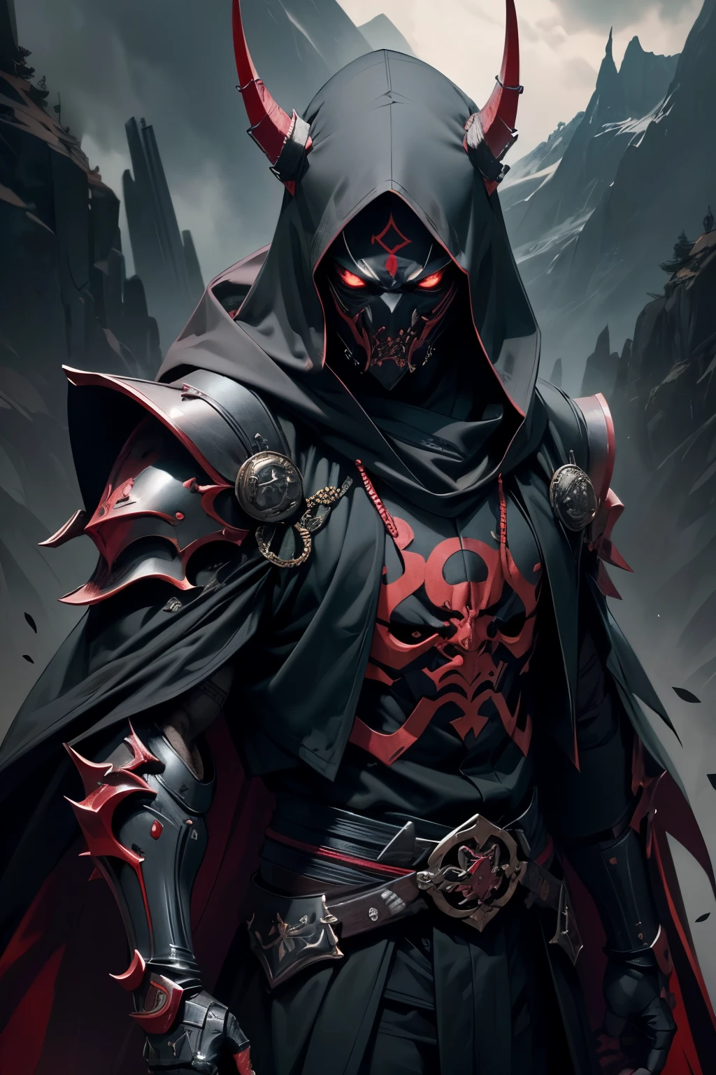 best qualityer, 4K, high resolution, work of art:1.2, ultra detali, realisitic:1.37, black art, portraits, mysterious atmosphere, mysterious lighting, Um homem de fully body, terrifying presence, imposing presence, ominous evening, saos no céu sombrio, menacing armor, um sao negra no peitoral, fully body, dark expression, sinister eyes, two twisted horns, razor-sharp claws, sinister priest&#39;s cloak, dark clouds, creepy shadows, light circuits in the armature, intense battle scene, dramatic composition, simple just a mask with a dragon mouth, de corpo todo, from head to toe, male Assassin ninja, dragon slayer, manoplas com razor-sharp claws sinistras metálicas, Cyberpunk mask with dragon mouth, fully hooded, no ears, chest and arms armor, sao, ((very dark eyes)), Face half covered, blond, em pé de fully body na imagem, uma sao negra com centelhas de luz suaves no peitoral, helmet with a very detailed draconic appearance, Eyes red, imposing and domineering black dragon in the background