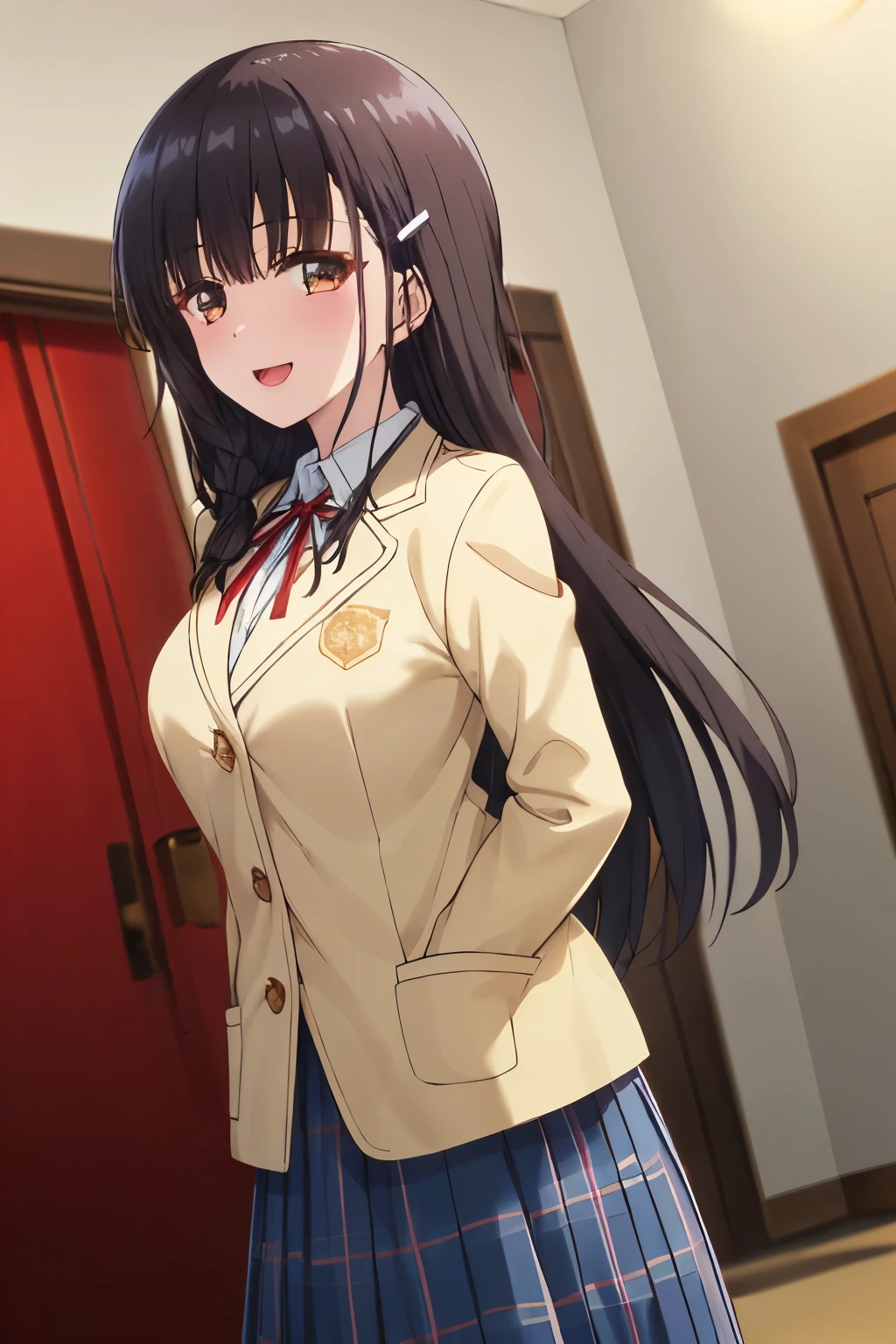 highest quality, (masterpiece:1.2), very detailed, pure white background, 1 girl, irido yume, looking at the viewer, open your mouth, nice smile, brown shiny eyes, dark hair, Very long braid, big blue shiny hair clip, school uniform, dark blue plaid skirt, middle long skirt, white shirt, blue jacket, Golden coat of arms, big red ribbon on the chest, lipstick、very shiny hair、laughter、bright look、My eyes are shining、(The light is shining in your eyes and hair), There&#39;s a lot of light in my eyes, The corners of the eyes are drooping, arms outstretched