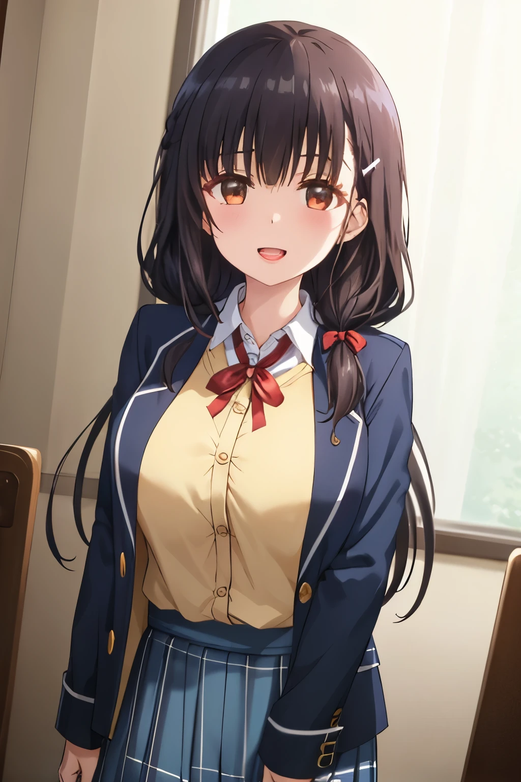 highest quality, (masterpiece:1.2), very detailed, pure white background, 1 girl, irido yume, looking at the viewer, open your mouth, nice smile, brown shiny eyes, dark hair, Very long braid, big blue shiny hair clip, school uniform, dark blue plaid skirt, middle long skirt, white shirt, blue jacket, Golden coat of arms, big red ribbon on the chest, lipstick、very shiny hair、laughter、bright look、My eyes are shining、(The light is shining in your eyes and hair), There&#39;s a lot of light in my eyes, The corners of the eyes are drooping, arms outstretched