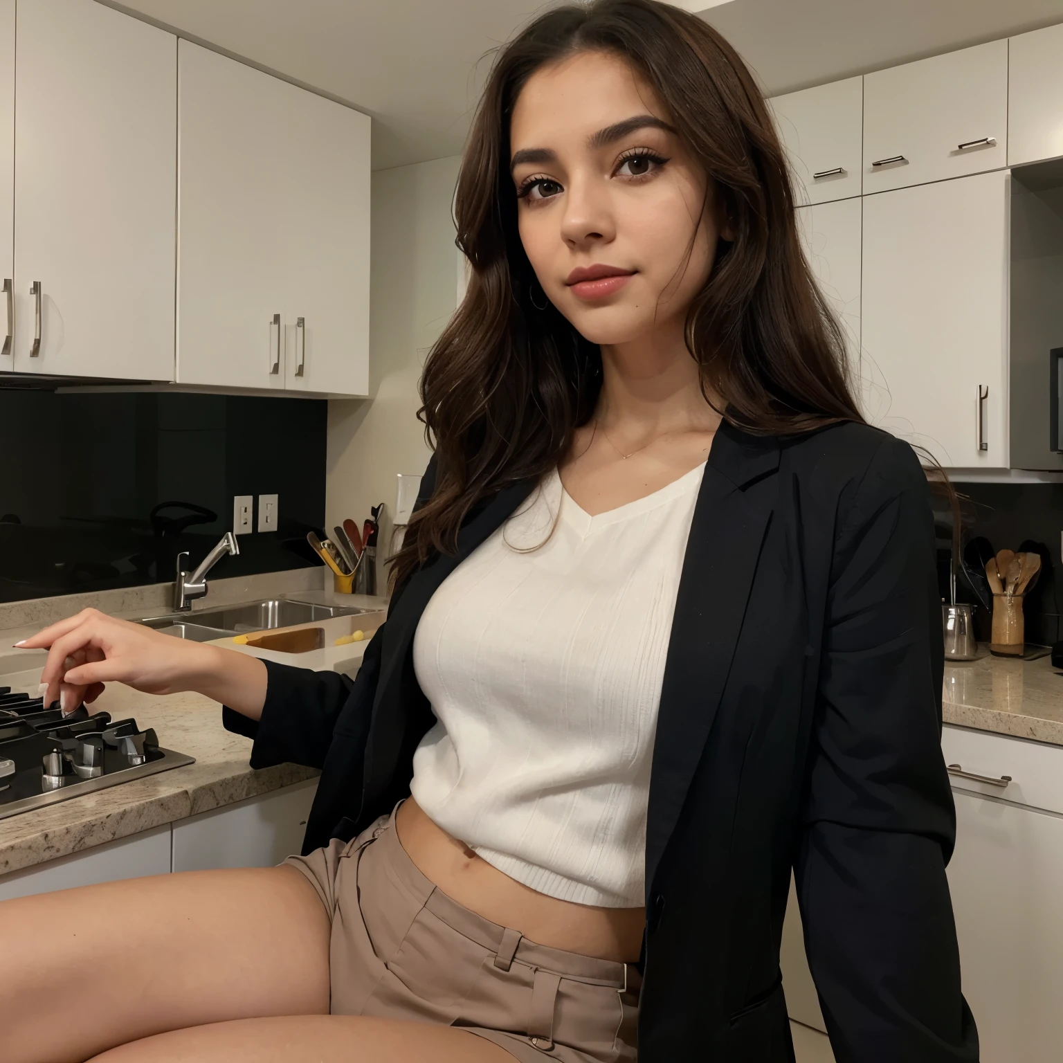 23-year-old hyper-realistic Latin girl, mood selfie for instagram, Ultra Definition, (photoreallistic: 1.4), 8k, calidad premier, fondos detallados, cara delicada, maquillaje natural, foto raw, iphone, HDR, Coqueteando con el espectador, en un restaurante, black clothes, smiling