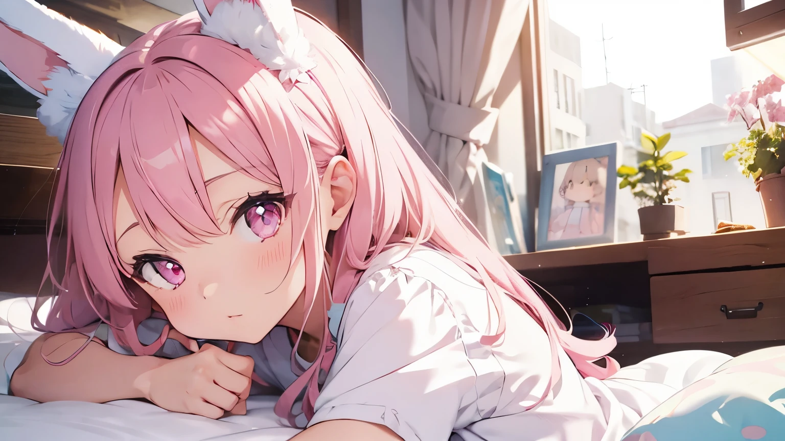 beautiful illustrations, highest quality, pretty girl, pastel colour, fluffy rabbit ears, pink long hair,light pink eyes,secretary,OL