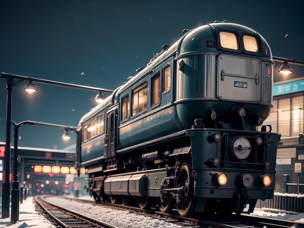 best quality,4k,high resolution,masterpiece:1.2,super detailed,actual, high dynamic range,ultra high definition,studio lighting,extremely detailed description,bright colors,Bokeh,railway station,Students are bustling,the sound of train wheels,The big clock is ticking,Destination guide board,Multiple cities and different directions,office worker in a hurry,Carrying a briefcase,Shiny new train arrives at the platform,Station staff assist passengers,Snowflakes fall gently from the sky,Create a peaceful winter atmosphere