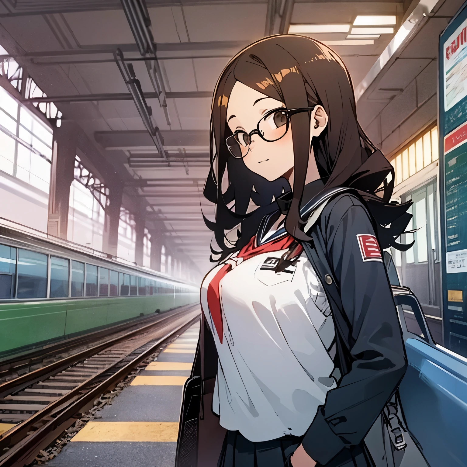 （masterpiece、Super exquisite、high resolution），（romantic、Innocent、𝓡𝓸𝓶𝓪𝓷𝓽𝓲𝓬、adventure、Bold、Travel Elements），1 little girl，Wait for the train，Uniforms, Glasses, Long curly hair, lace， bag，背景TRAIN STATION，（huge saggy breasts：1.5、TRAIN STATION：1.5）