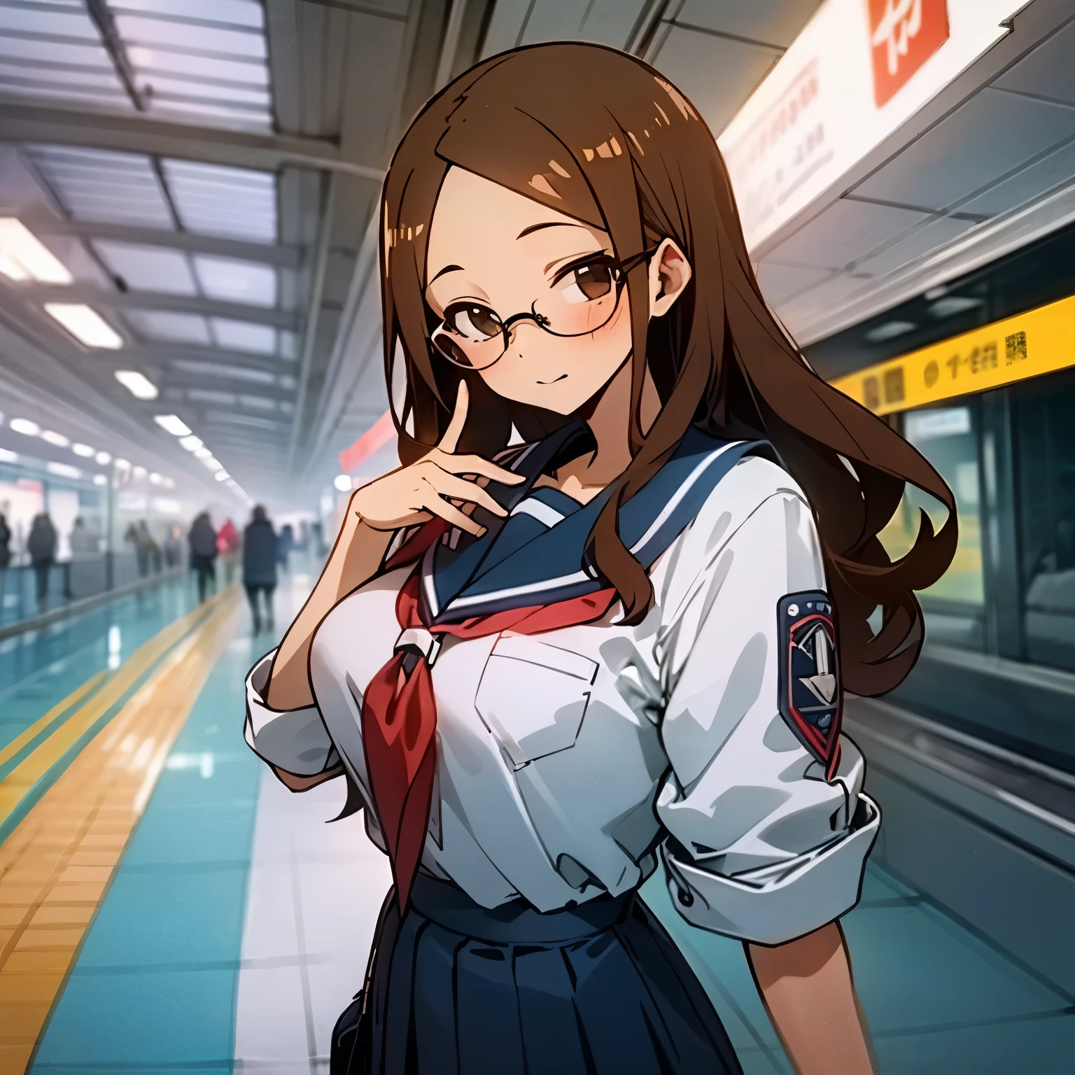 （masterpiece、Super exquisite、high resolution），（romantic、Innocent、𝓡𝓸𝓶𝓪𝓷𝓽𝓲𝓬、adventure、Bold、Travel Elements），1 ***********，Wait for the train，Uniforms, Glasses, Long curly hair, lace， bag，背景TRAIN STATION，（huge saggy breasts：1.5、TRAIN STATION：1.5）