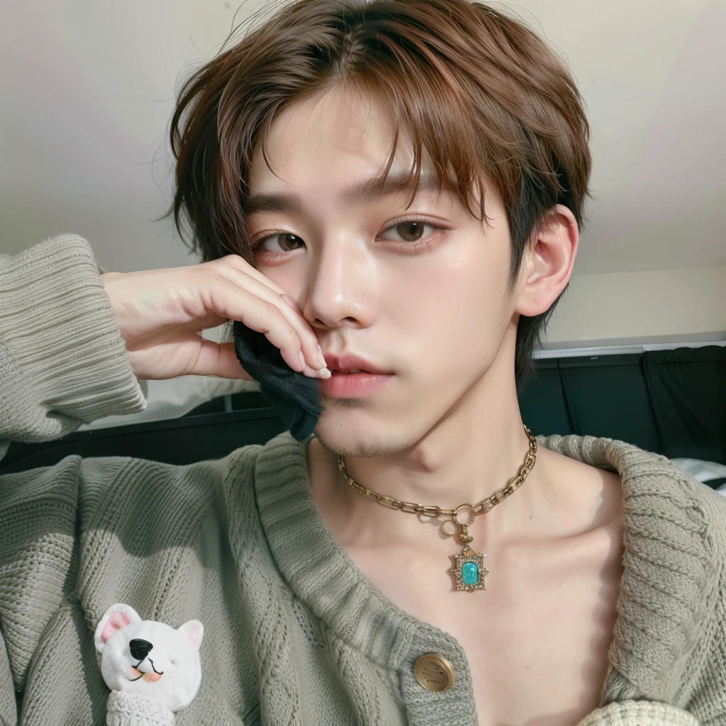 Close-up of a person wearing a sweater and covering his face with his hands., Cai Su Kun, Hyungtae, Inspired by Bian Shoumin, Jungkook, Portrait of jossi of blackpink, The style of K-pop idols, Kim Doyoung, Jung Jaehyun, Sakimi-chan, all from nct group, Taehyung eats Gucci fries., Inspired by Jeon Seok Lee