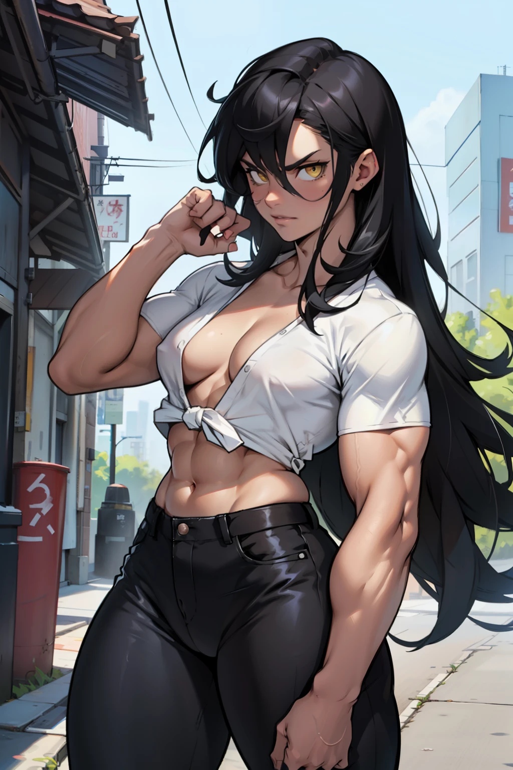 (((((muscular))))), (((thick thighs, small breasts chest, toned body, 1 girl))), black hair, pale skin, yellow eyes, angry, very long hair, ((waistup)) tight shirt tight pants