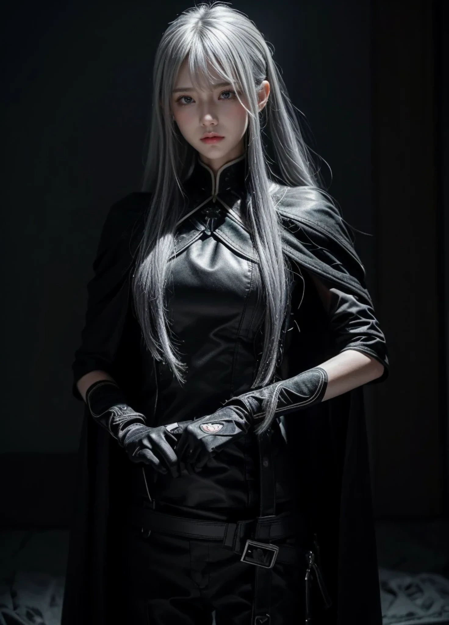 {{Grell}},shiny hair,4 fingers,sharp gaze,{{{{{White eyes}}}}},{{{{{White eyes}}}}},{long hair},{{straight hair}},black gloves,black clothes,black army suit,{army},{{{{{dull bangs}}}}},Hard hair,(slanted eyes},{{whole body},{{{1 girl}}}, {{{{silver hair}}}},{{{Tsurime}}},36 years old,white people,silver eyes,thin,{{{masterpiece}}}, {{{highest quality}}}, {{Super detailed}}, {shape}, {{very delicate and beautiful}},very detailed,Detailed completeness,detailed hyper,army服,{{bangs}},{{Fishing eyes}},black cloak