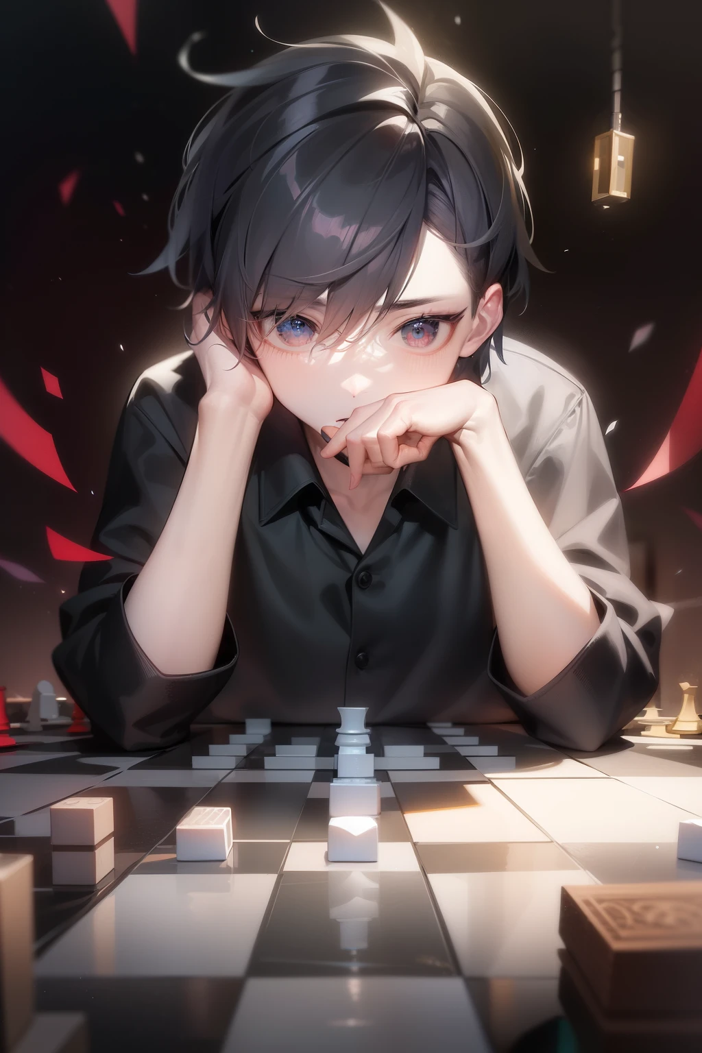 Anime boy covering his face with his hands sitting in front of the chessboard, guweiz style artwork, rimuru plays Go, best anime 4k konachan wallpapers, !!play chess!!, pixiv daily ranking, 4k comic wallpaper, guweiz, Komaeda Nagito, chess player, guys, 4k anime wallpaper boy sitting opposite a super