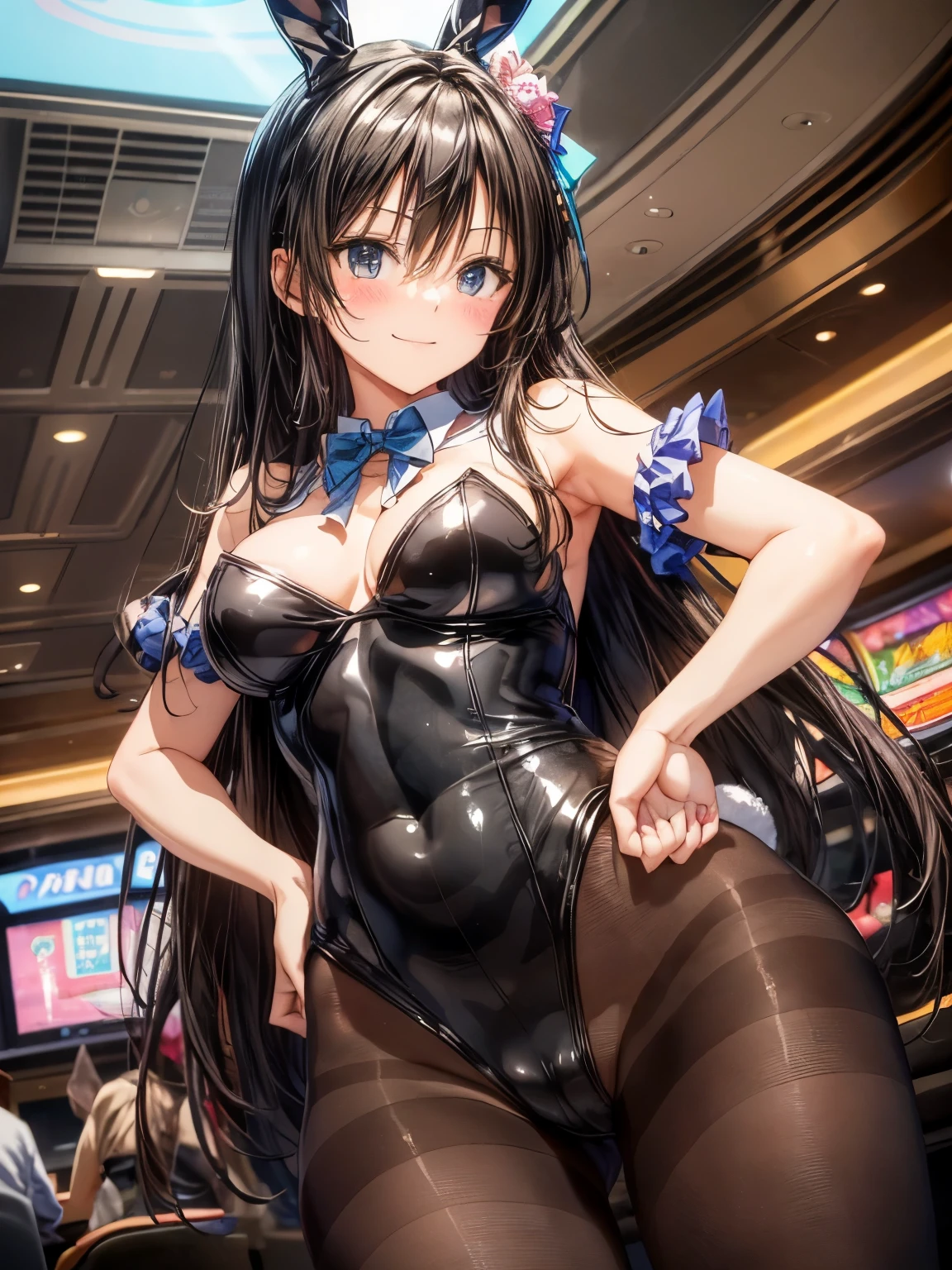 highest quality、complete limbs、Refers to the whole、1 beautiful woman、beautiful big breasted woman:1.3、((black haired woman:1.3))、long hair woman、straight hair、Bunny girl、(((赤色のBunny girlレオタード:1.5)))、(((赤色のBunny girlカチューシャ:1.7)))、(((brown pantyhose)))、big smile、hands on hips、casino、slot、roulette