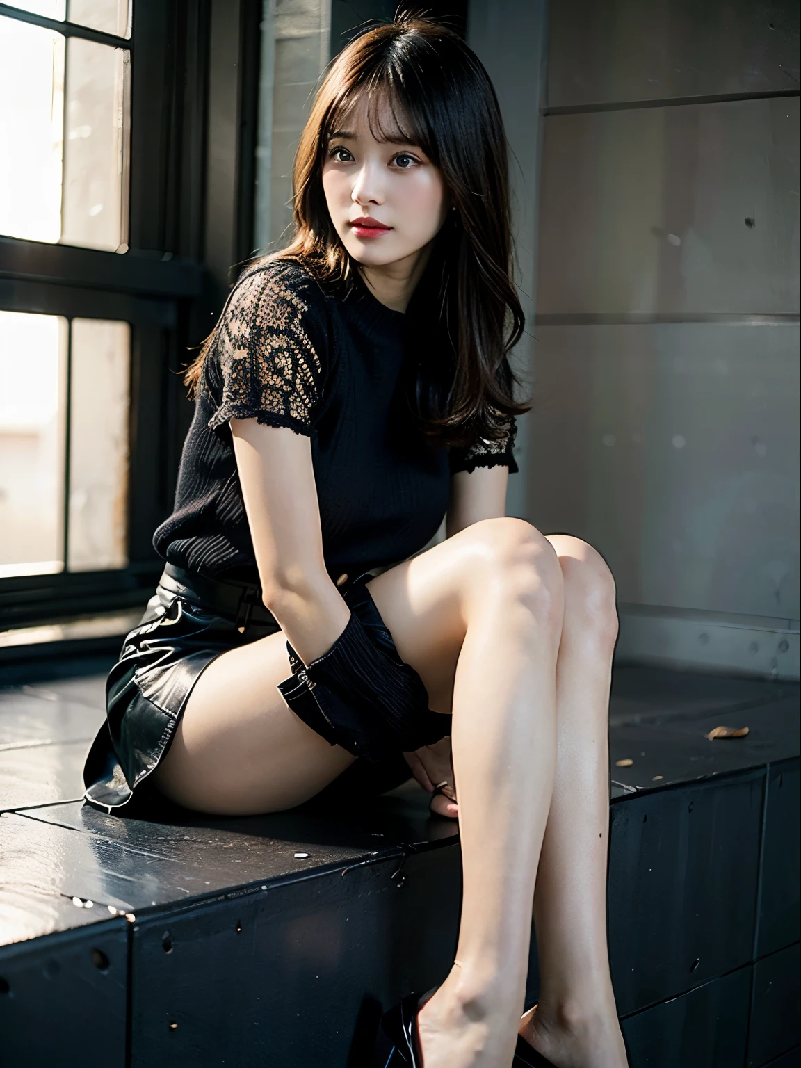 (best quality,8k,high-res,masterpiece:1.2), ultra-detailed, (realistic, photo-realistic:1.37), tabletop, extremely detailed, photorealistic rendering, girl and full body seen, black leather miniskirt, slightly averted eyes, profile, incredibly beautiful, cute, 8K wallpaper, intricate details, highly detailed 8K wallpaper, gravure, model, foot fetish, legs, leg fetish, visible down to the feet, vibrant lighting, soft shadows