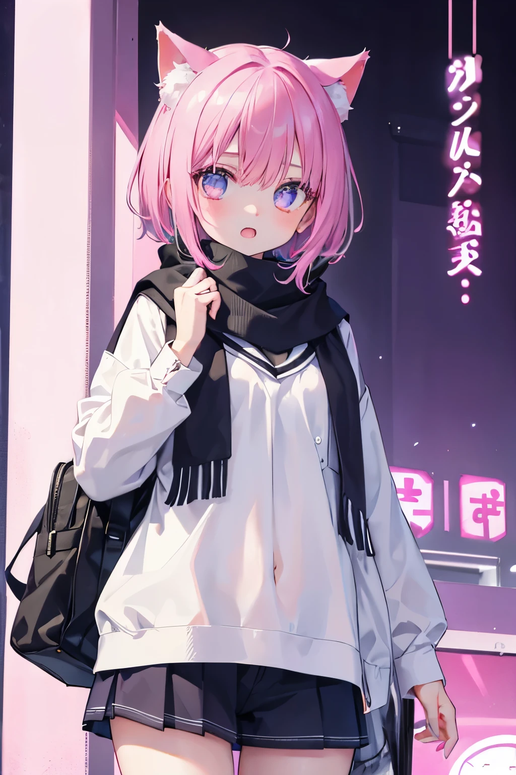 Very beautiful and shining eyes、shining eyes、1 girl、small breasts、big mouth、high school girl、small breasts、Cat ear、Transparent pink short hair、scarf、hot pants、Near future、neon、