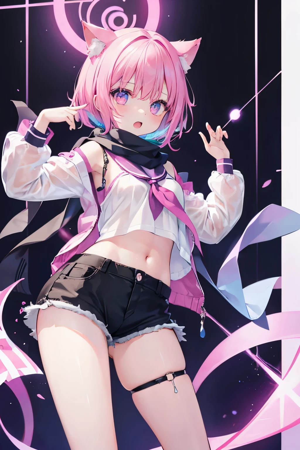 NSFW、Very beautiful and shining eyes、shining eyes、1 girl、small breasts、big mouth、high school girl、small breasts、Cat ear、Transparent pink short hair、scarf、hot pants、Near the future、neon、balls of light、magic、magic使い