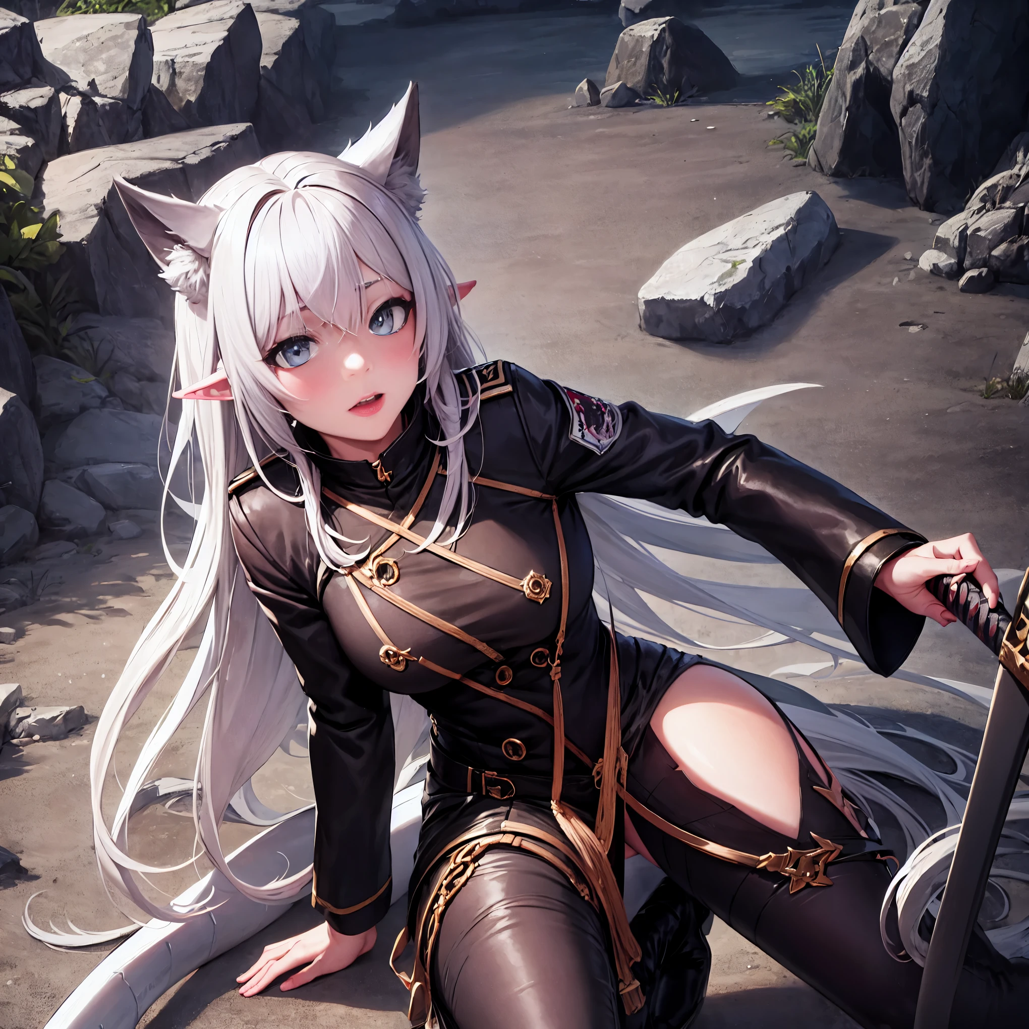 masterpiece, 8k resolution, high quality, high resolution, best quality, extremally detailed, best resolution, absurd resolution, ray tracing, high detailed, masterpiece, extremely detailed,detailed angelic face, shoulder length white hair, female, 2 white fox ears, teenage girl, slime body, white scale dragon tail, military boots,black leggings, military combat pants, black T-shirt, white jacket open, medium size chest, detailed blue eyes,solo female,1 dragon tail, tomboyish, thick dragon tail, white scales, 2 dragon wings, white fluffy dragon wings, detailed face, holding a katana sword,very detailed, amazing details,solo female, 1 female, detailed two white furry dragon wings