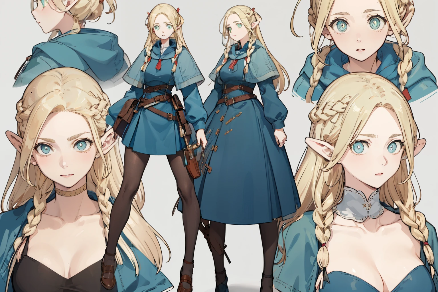 stockings,pantyhose,armor,white top,fashionable leather shoes, pop color,(whole body,character design sheet,front,back,side,same characters),long blonde hair,Thick eyebrows, bust and waist,beautiful blonde,(masterpiece),((highest quality)),(Super detailed),(beautiful eyes beautiful details eyes,clean and delicate face,five fingers,Textile shades,anatomical perfection)