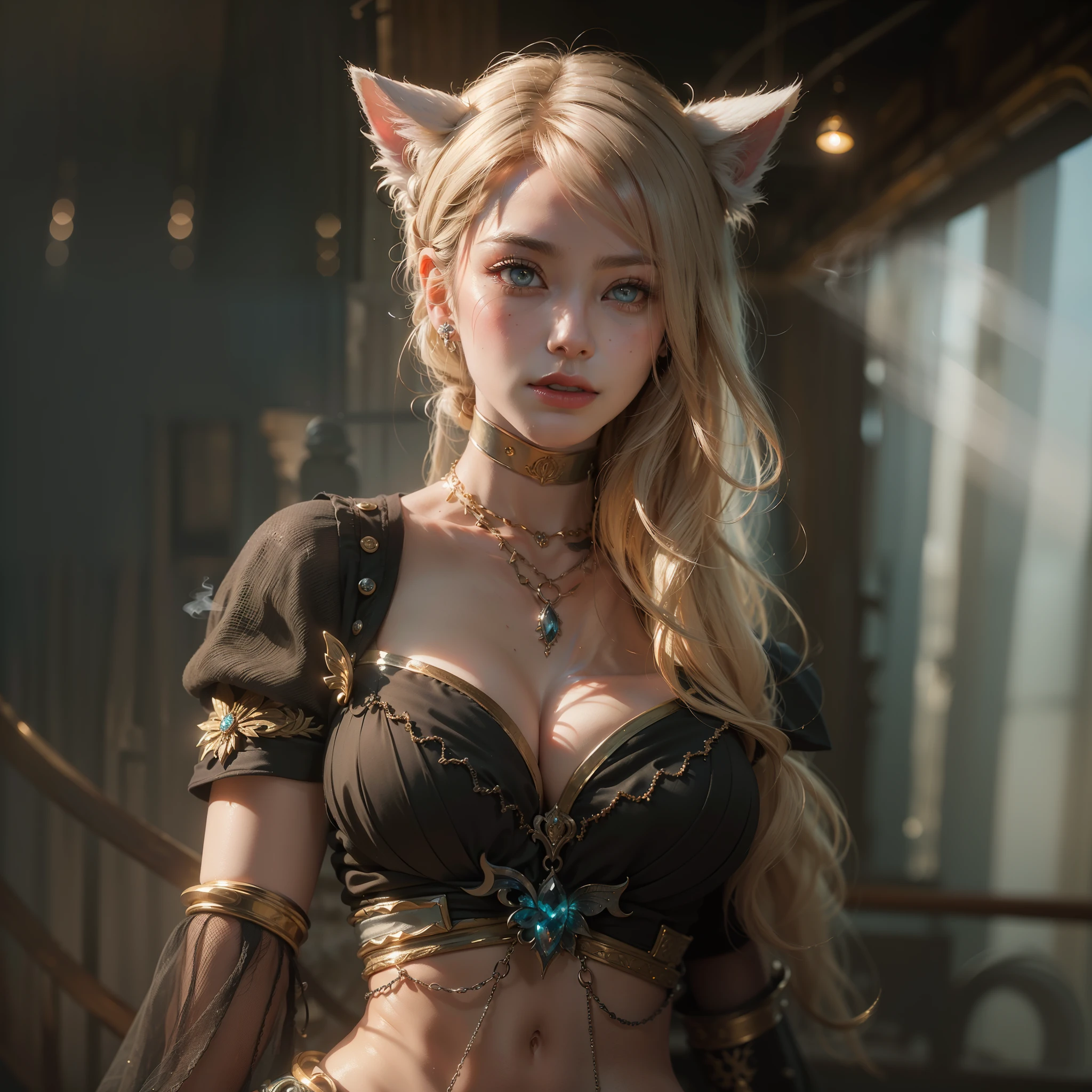 ((cat ears on head)), (award-winning masterpiece, incredibly detailed texture, maximum detail), (surrealistic:1.4), (full body view:1.9), (close-up of upper body:0.3), (top quality realistic textured skin), (,anatomically perfect and beautiful style:1.9), (femalepirate), (seductive smile), (accurate, perfectly round, symmetrical eyes), (dense, beautiful face: 1.8), (pale but fair skin and face: 1.8), (pirate ship), (beautiful sea), (delicately made accessories), (treasure), (bioluminescent, attractive, mysterious eyes: 1.7), (debased beauty: 1.6), (sexy clothes: 1.8), (elegant accessories: 1.8), (revealing skin: 1.8), (moonlight: 1.7), ((dramatic photo)), ((cinematic light)), (full-length portrait: 1.9), (sensual and seductive pose: 1.6), (smoke effect and seductive light: 1.4)Beautiful blonde hair, Beautiful silver hair, Red hair, Wind effects, (Drifting pheromones:1.3), (Ruined medieval mansion), Sunset, Spectacular reality, (Faded), (Faded), ((neutral tones)), (HDR:1.5), (Dull colors: 1.2), Detailed, (Artistic Station: 1.5), Cinematic, (Warm light: 1.5)Warm Light, Light Effects, Dramatic Light, (Complex Detail:1.1), Complex Background, (Greg Rutkowski:0.8), (Teal and Orange:0.4)